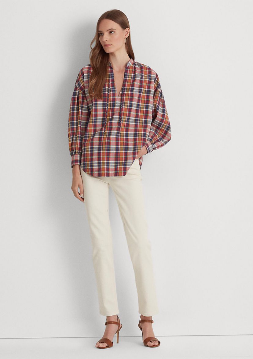 Cotton Madras Tie-Neck Blouse