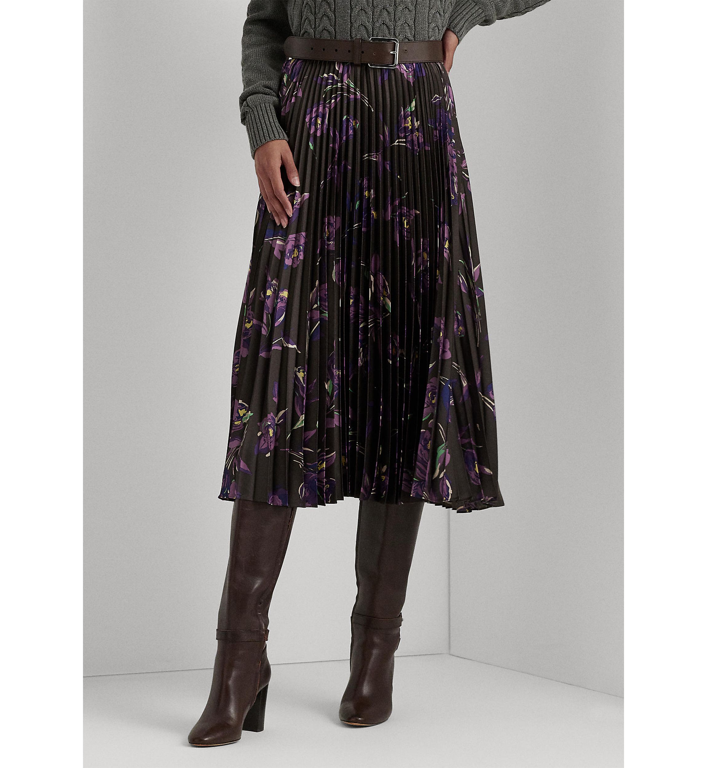 Floral Pleated Satin Charmeuse Skirt