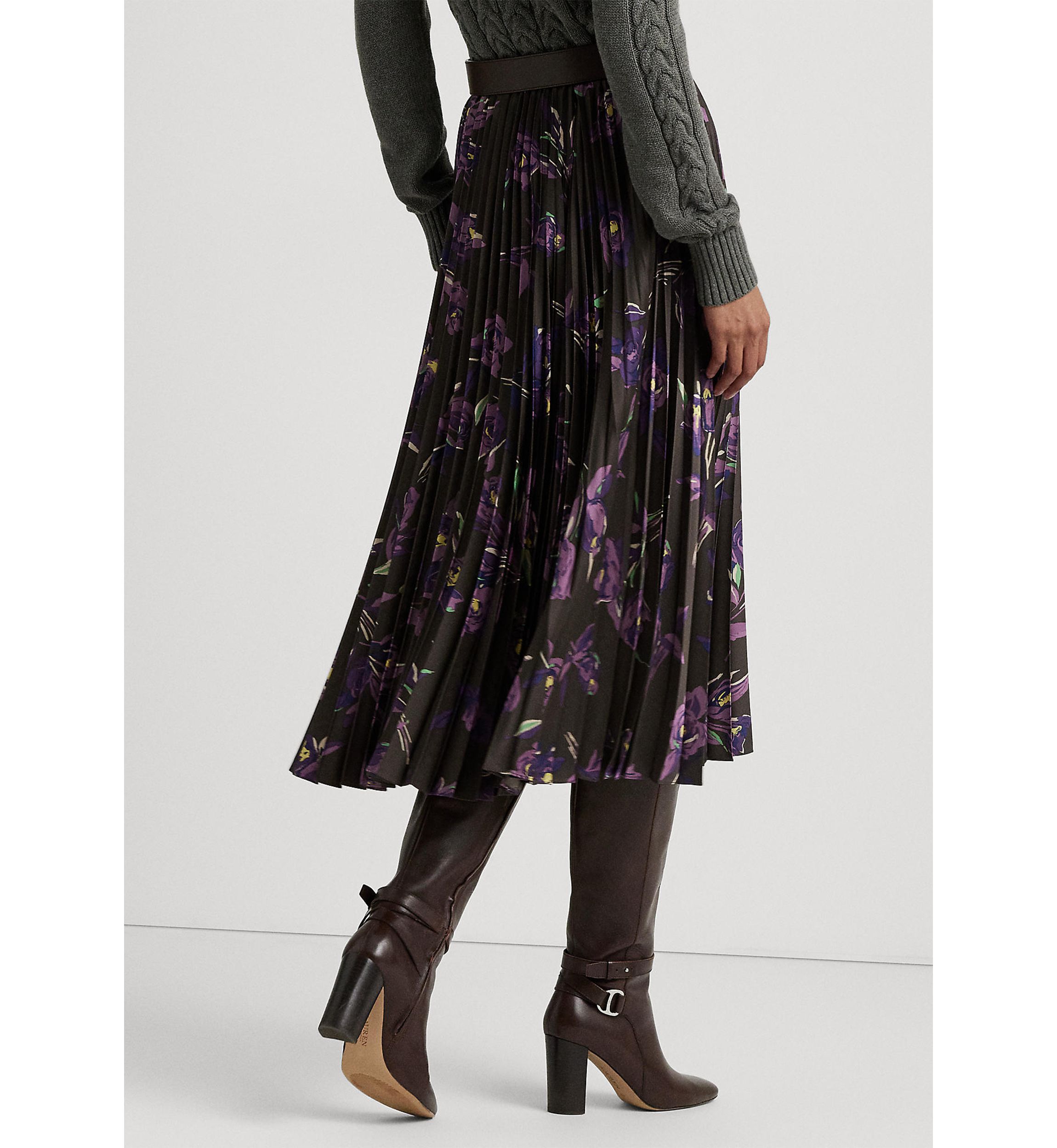 Floral Pleated Satin Charmeuse Skirt