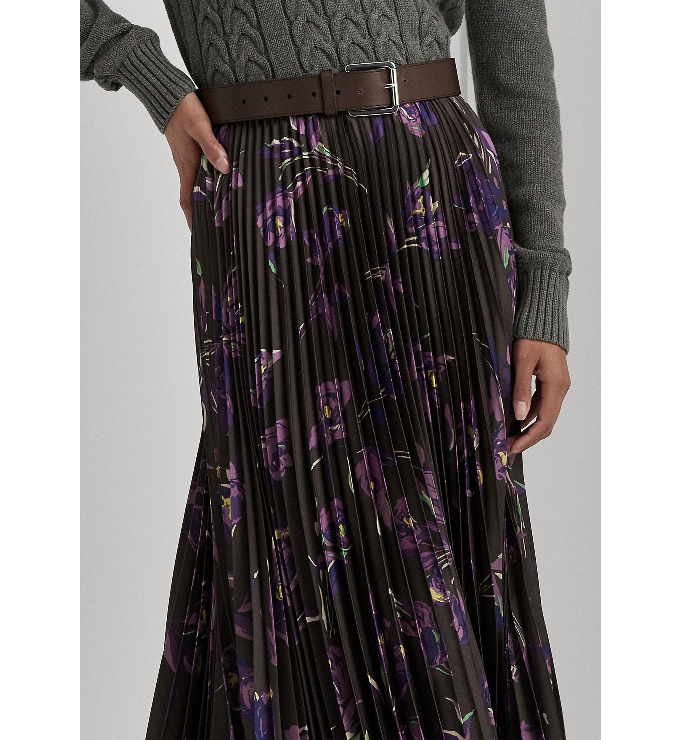Floral Pleated Satin Charmeuse Skirt