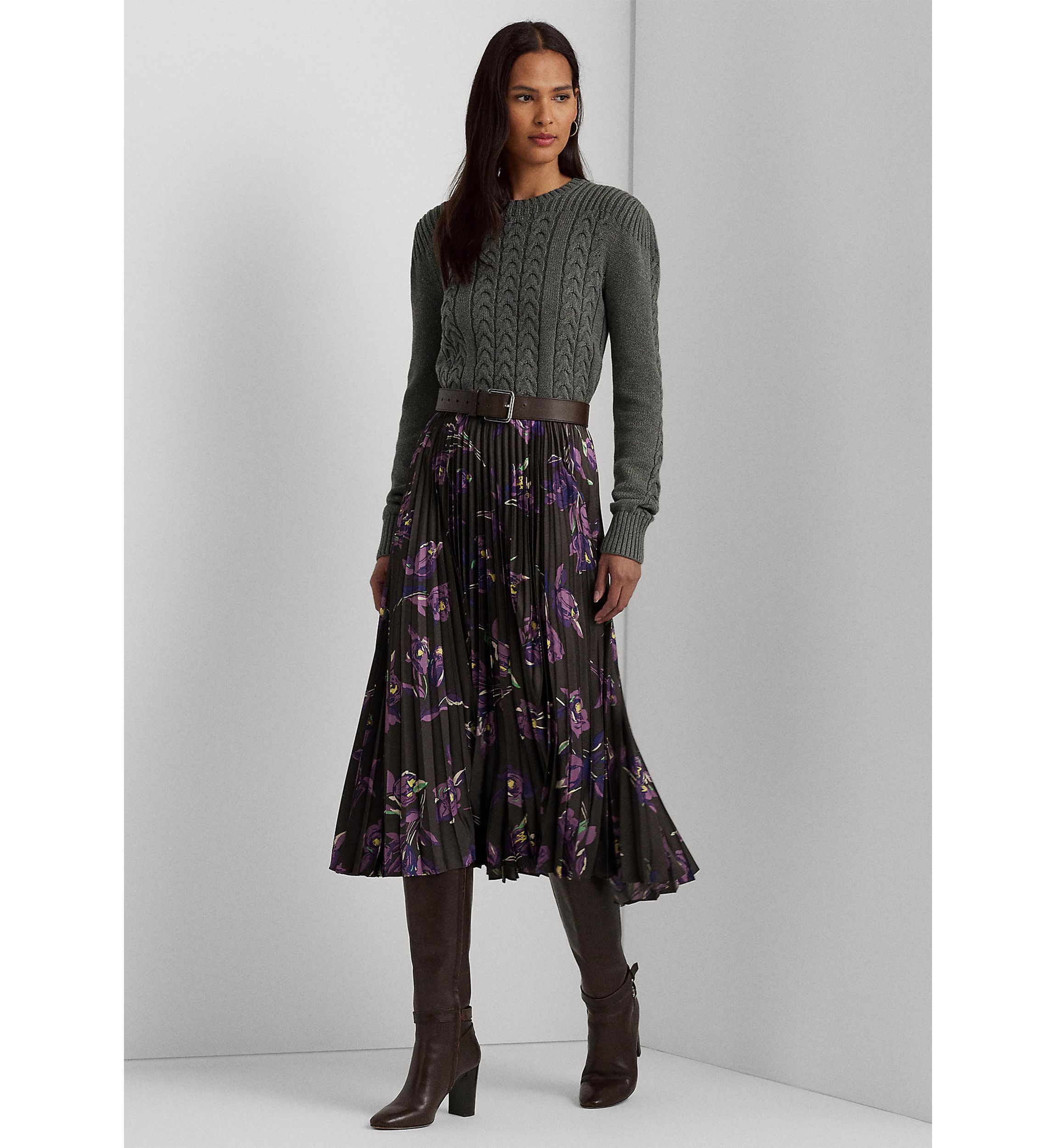 Floral Pleated Satin Charmeuse Skirt