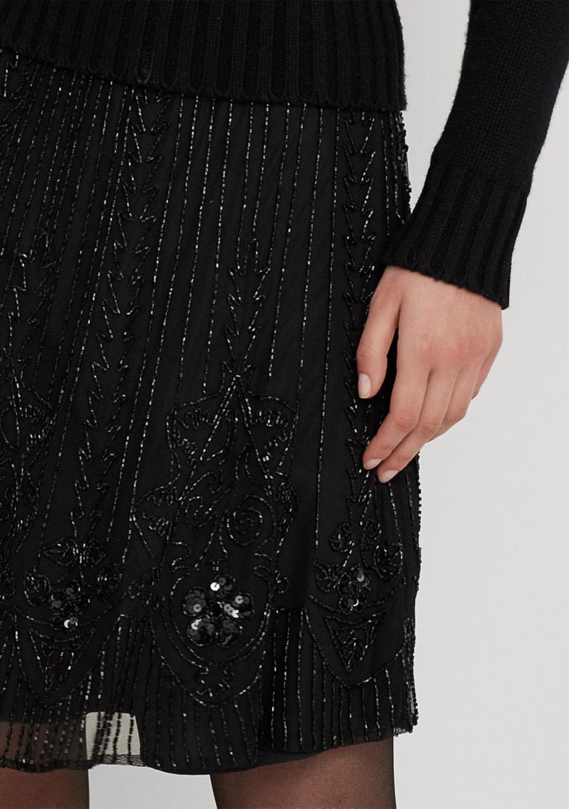 Beaded Mesh A-Line Skirt