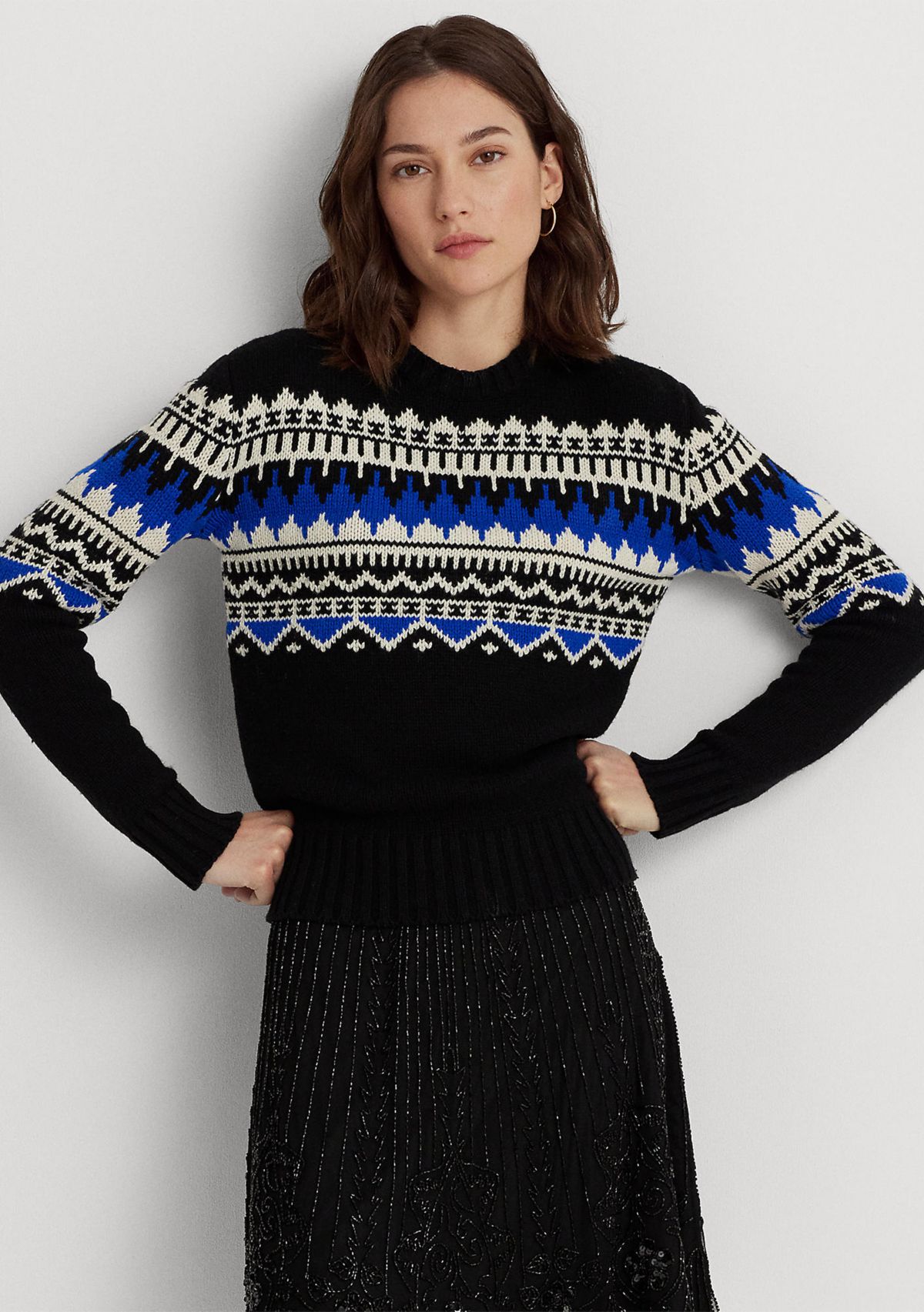 Fair Isle Wool Blend Crew Neck Sweater