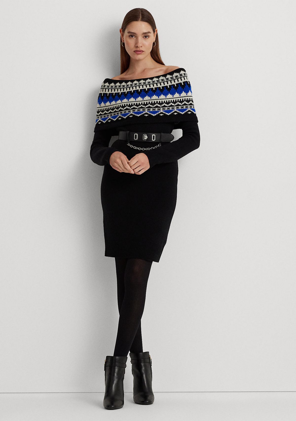 Fair Isle Off the Shoulder Sweater Dress
