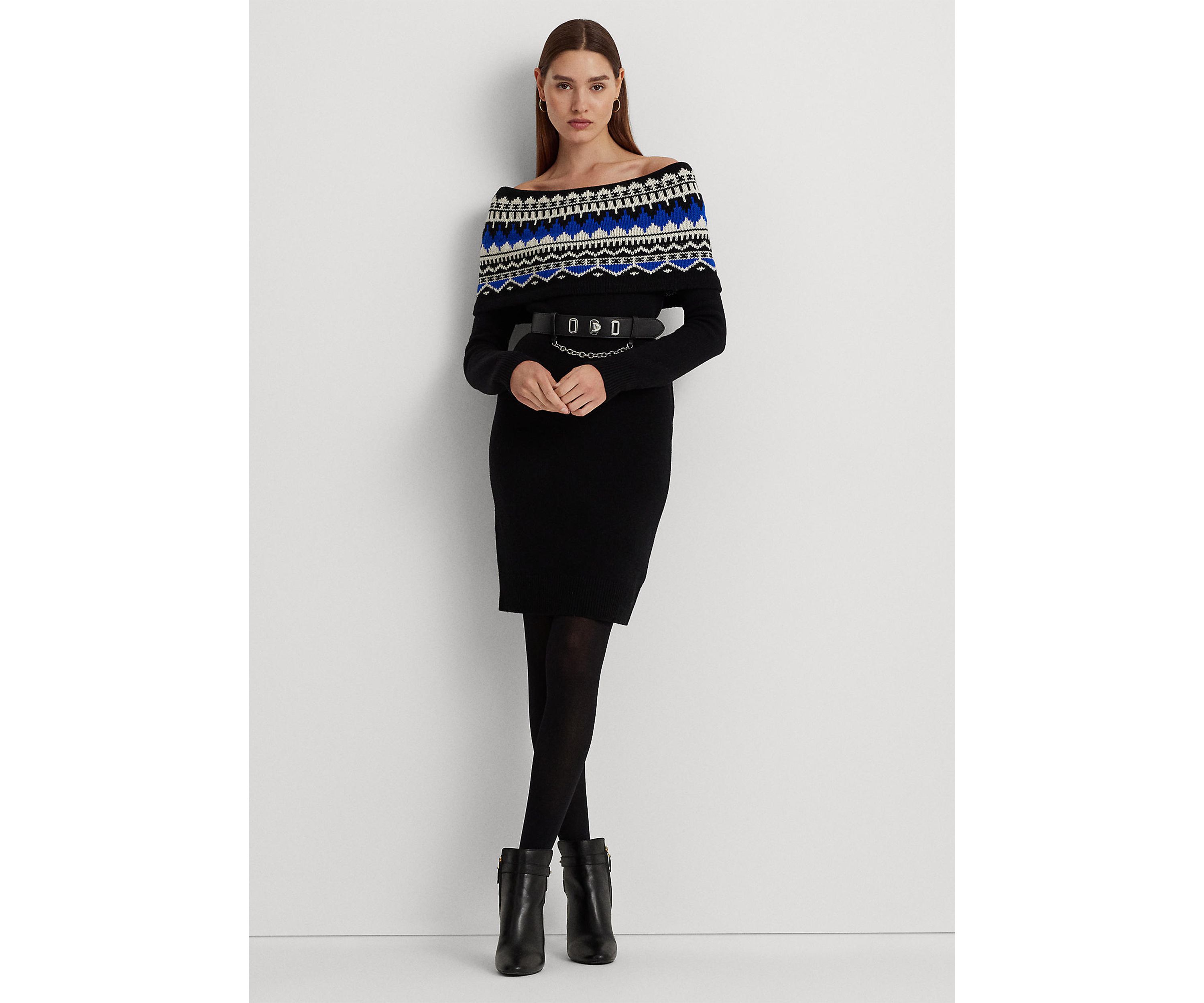 Fair Isle Off the Shoulder Sweater Dress