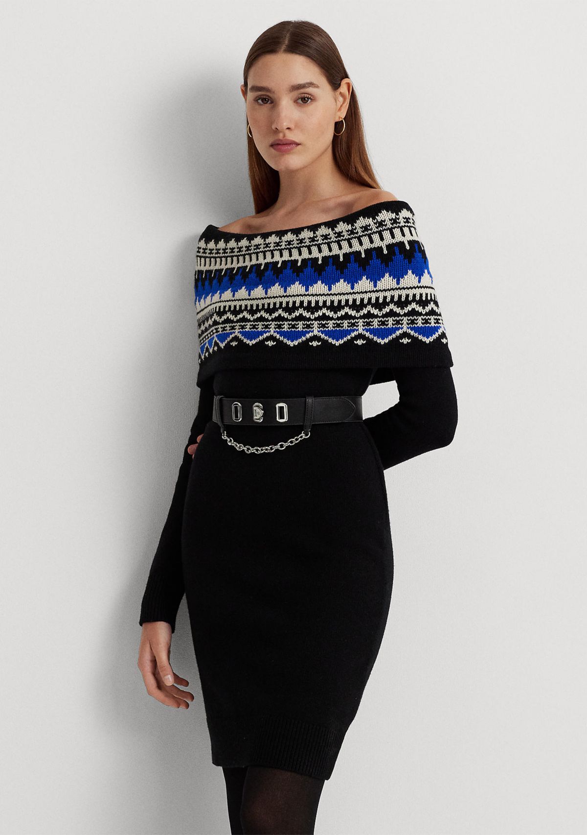 Fair Isle Off the Shoulder Sweater Dress