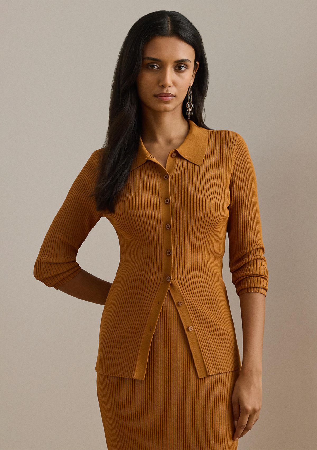 Rib-Knit Long-Sleeve Polo Cardigan