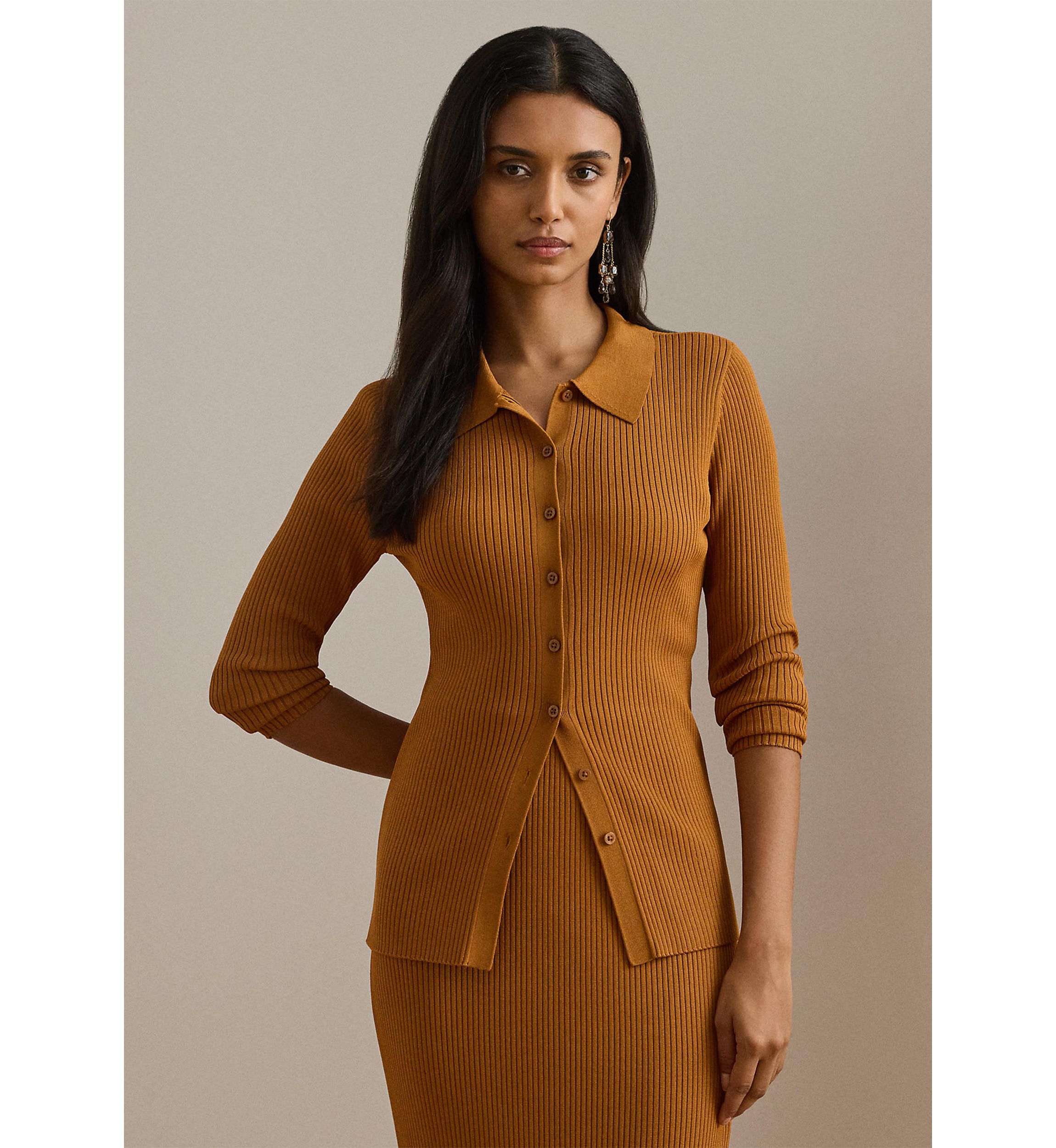 Rib-Knit Long-Sleeve Polo Cardigan