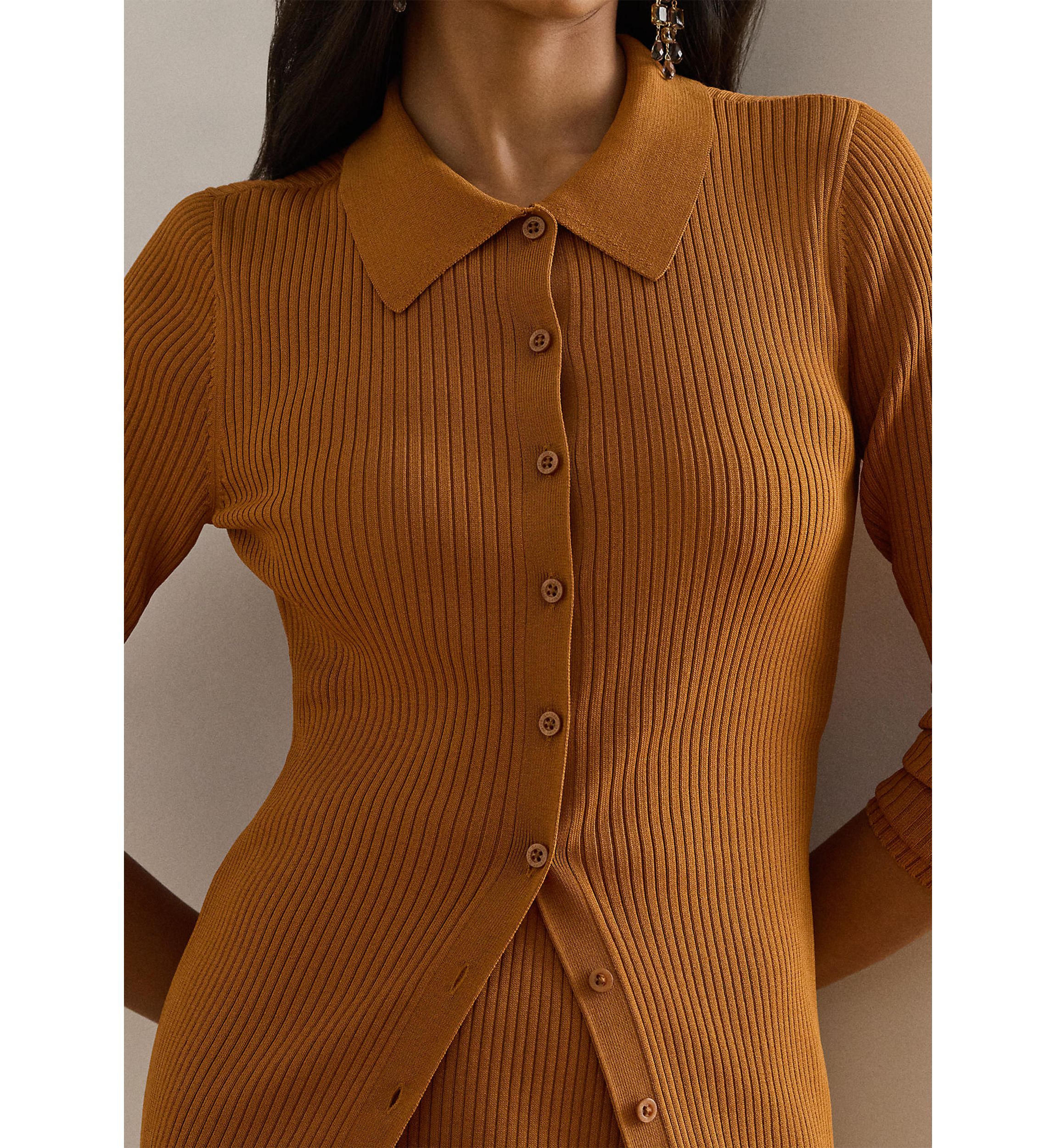Rib-Knit Long-Sleeve Polo Cardigan
