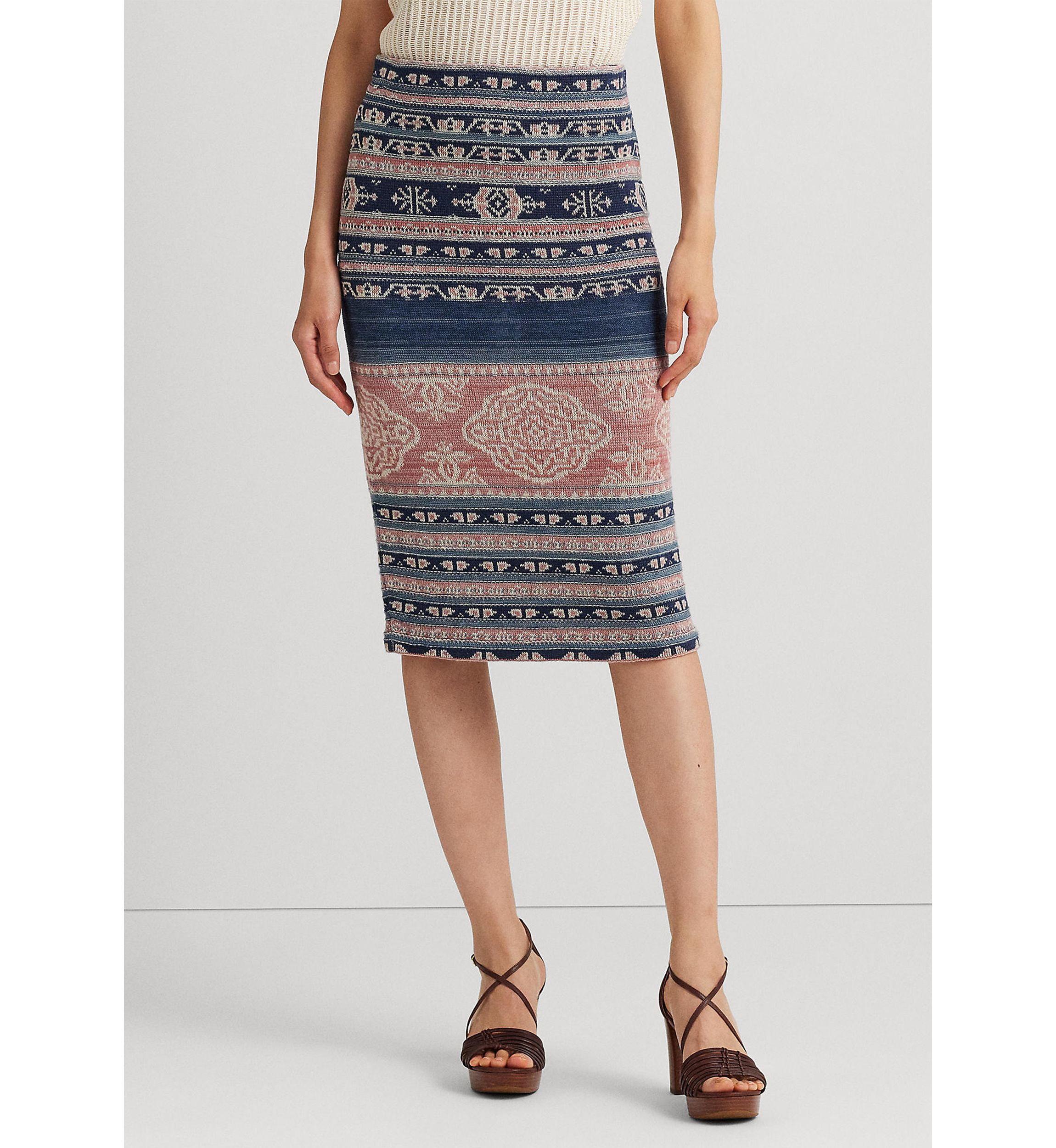 Geo Motif Linen Cotton Pencil Skirt