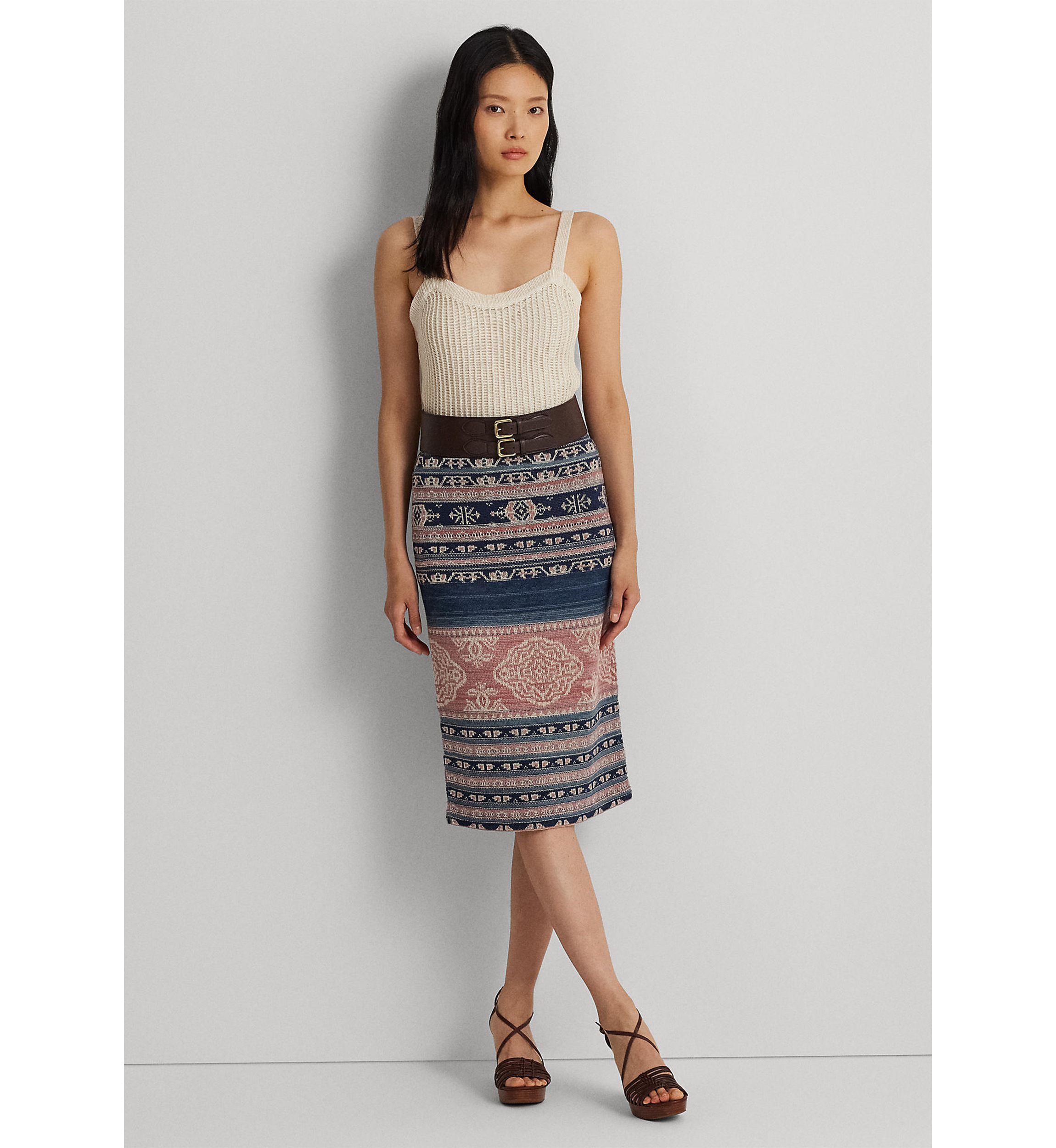 Geo Motif Linen Cotton Pencil Skirt