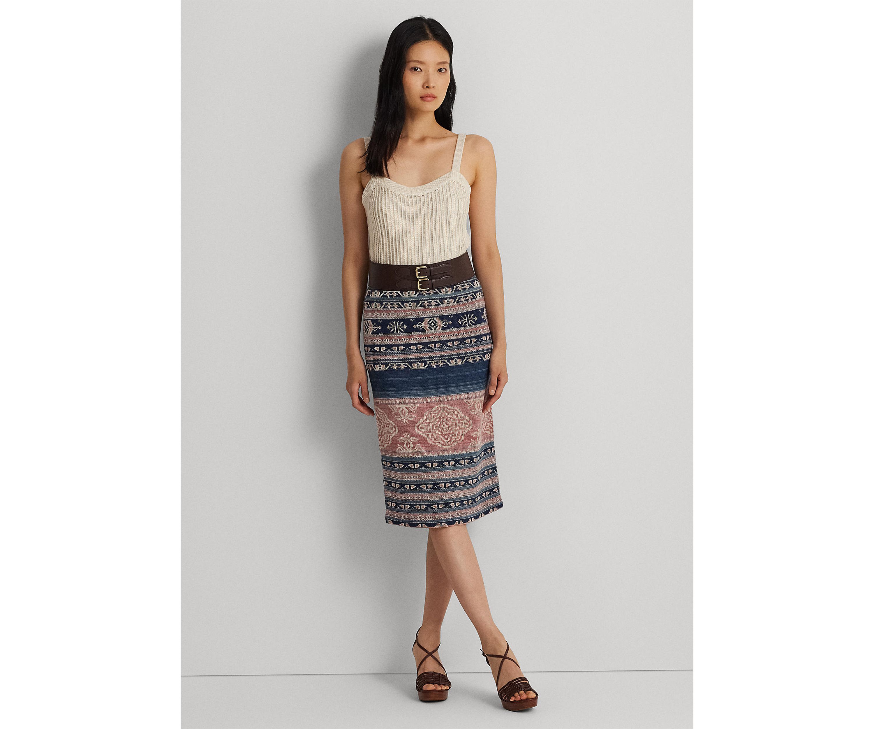 Geo Motif Linen Cotton Pencil Skirt