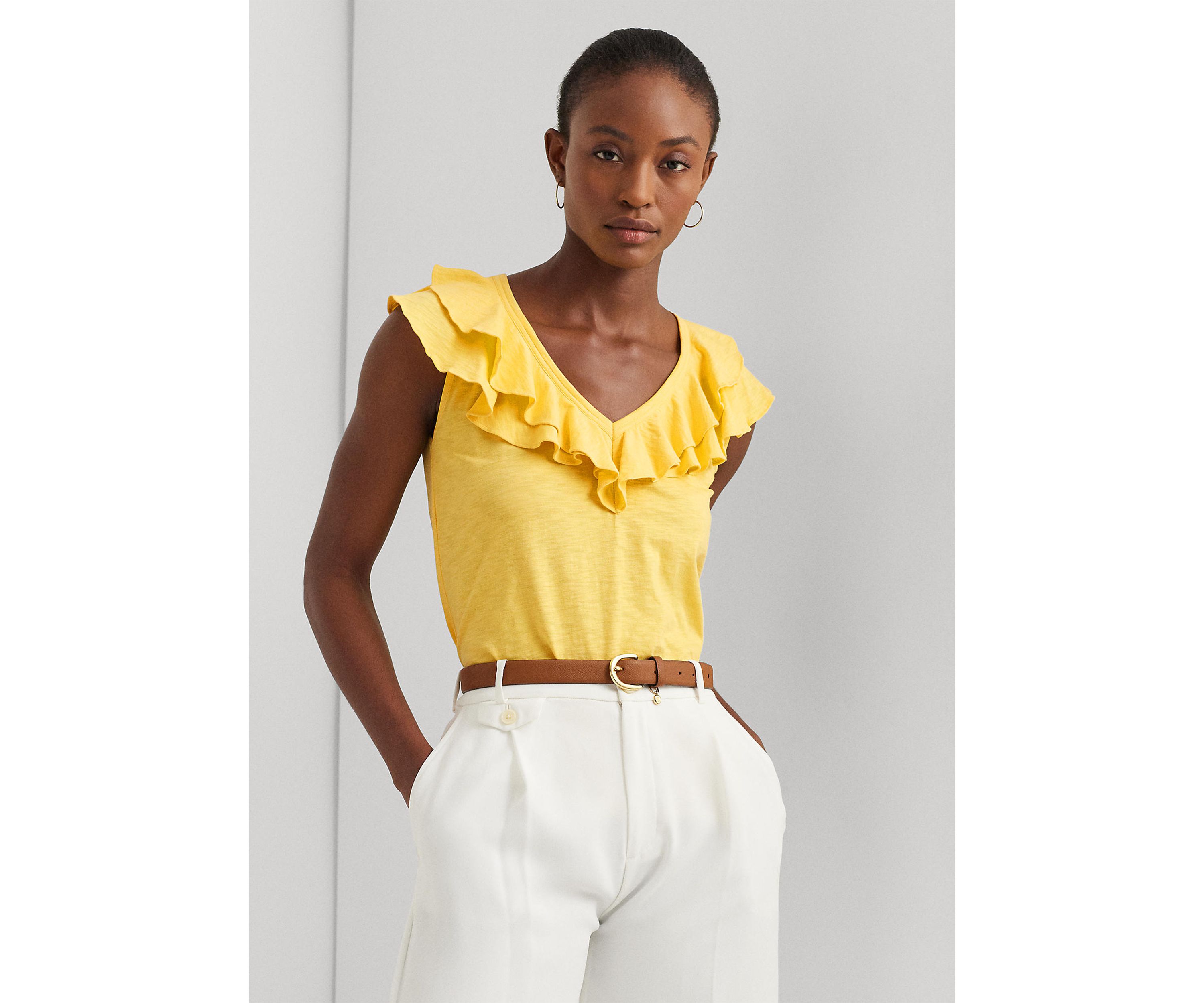 Ruffle Trim Slub Jersey Sleeveless T-Shirt