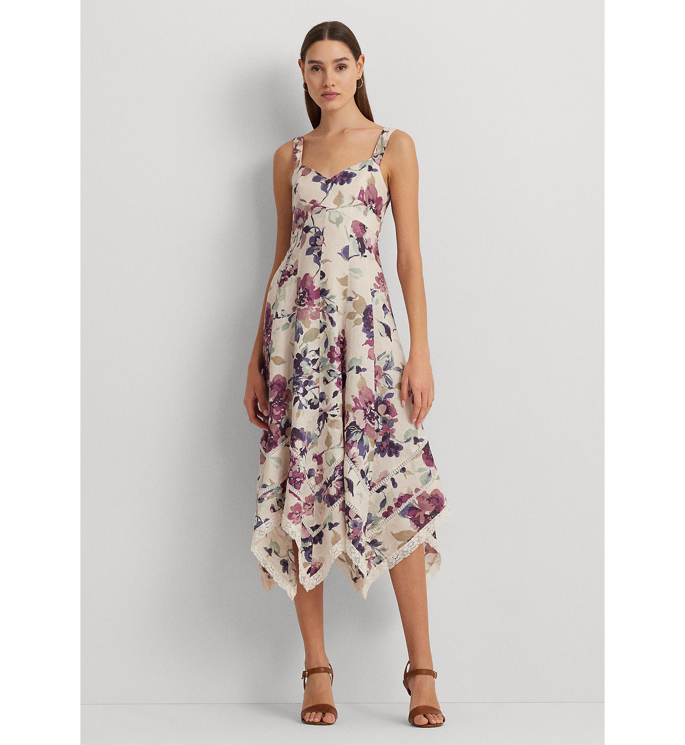 Womens Floral Linen Sleeveless Dress