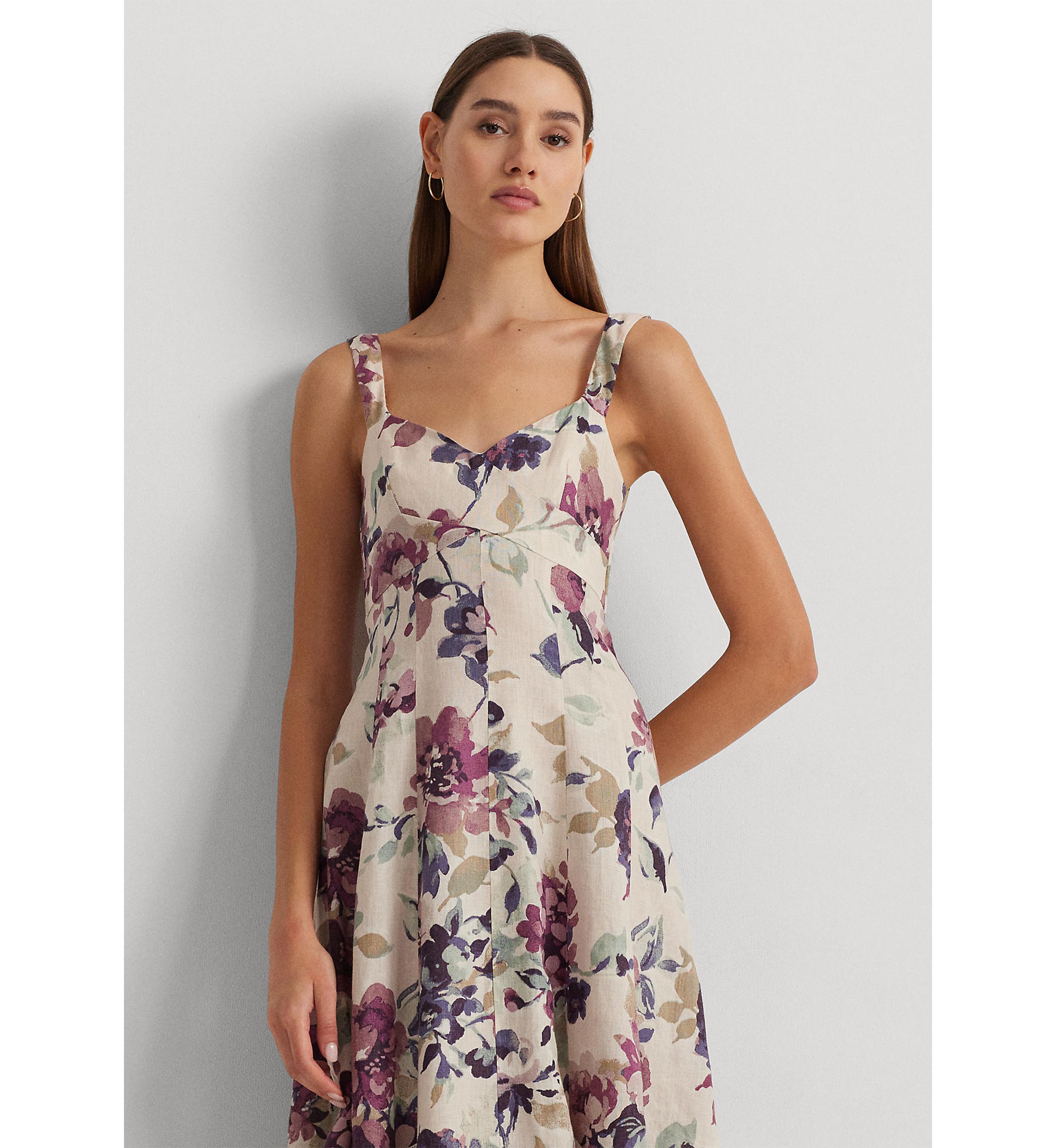 Womens Floral Linen Sleeveless Dress