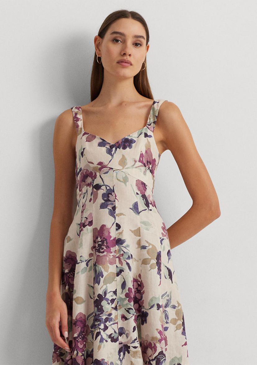 Womens Floral Linen Sleeveless Dress