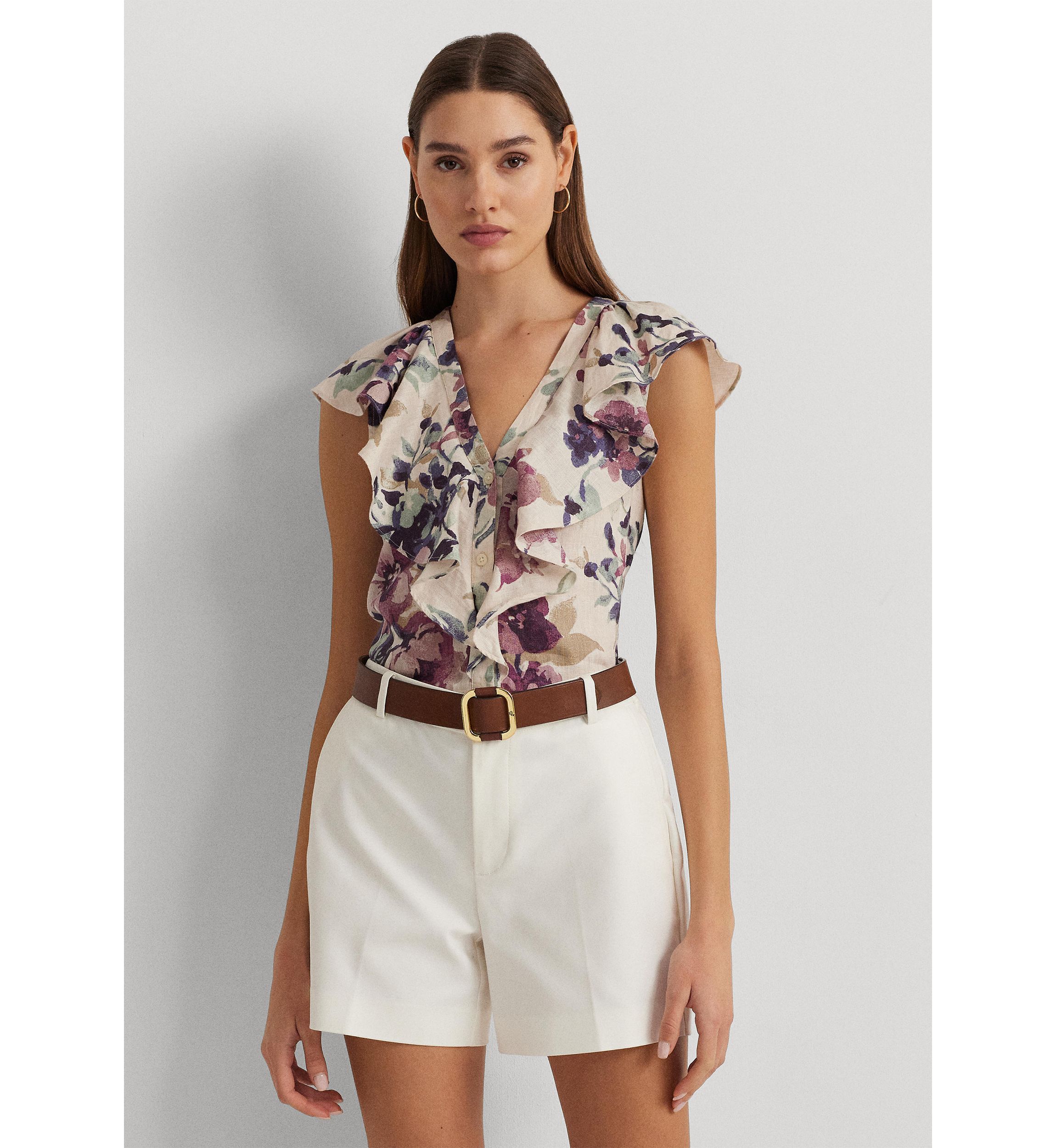 Womens Bicelt Shorts Sleeve Linen Blouse