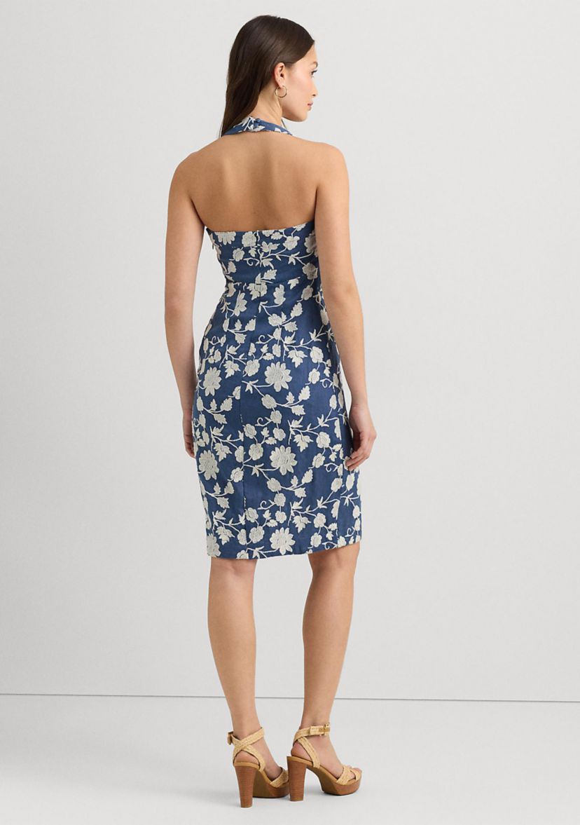 Floral Embroidered Linen Halter Dress