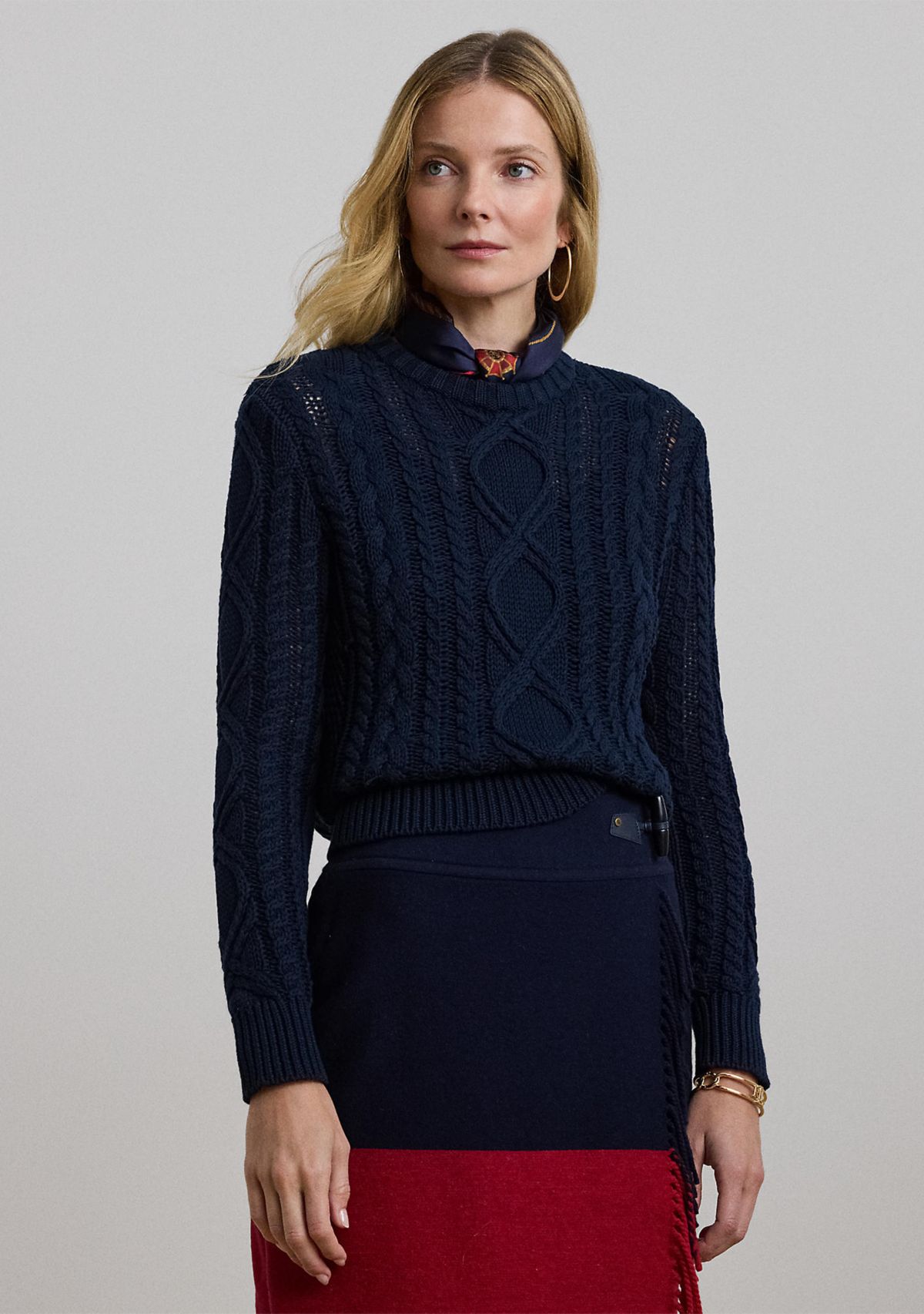 Aran Knit Cotton Blend Crew Neck Sweater