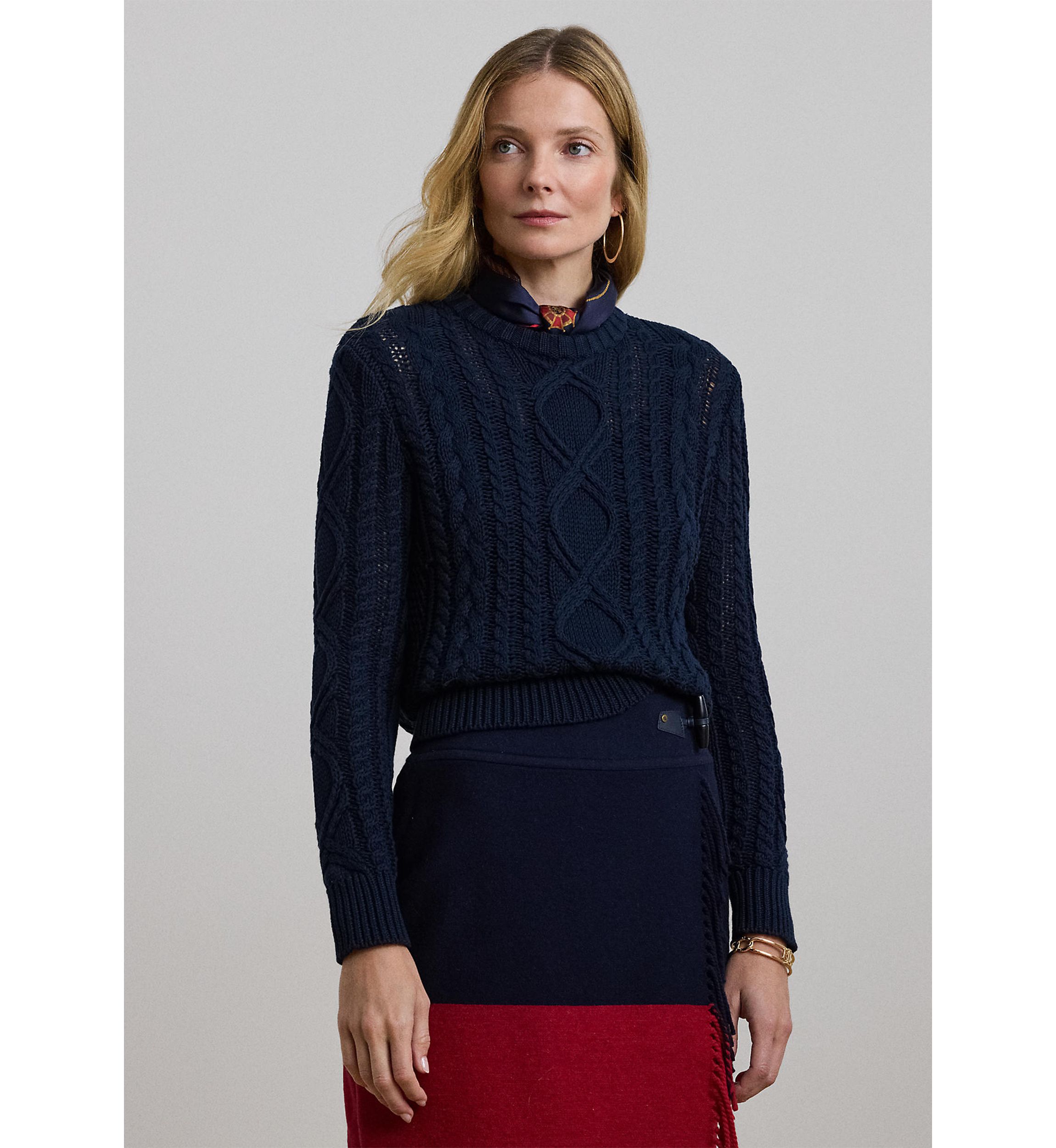 Aran Knit Cotton Blend Crew Neck Sweater