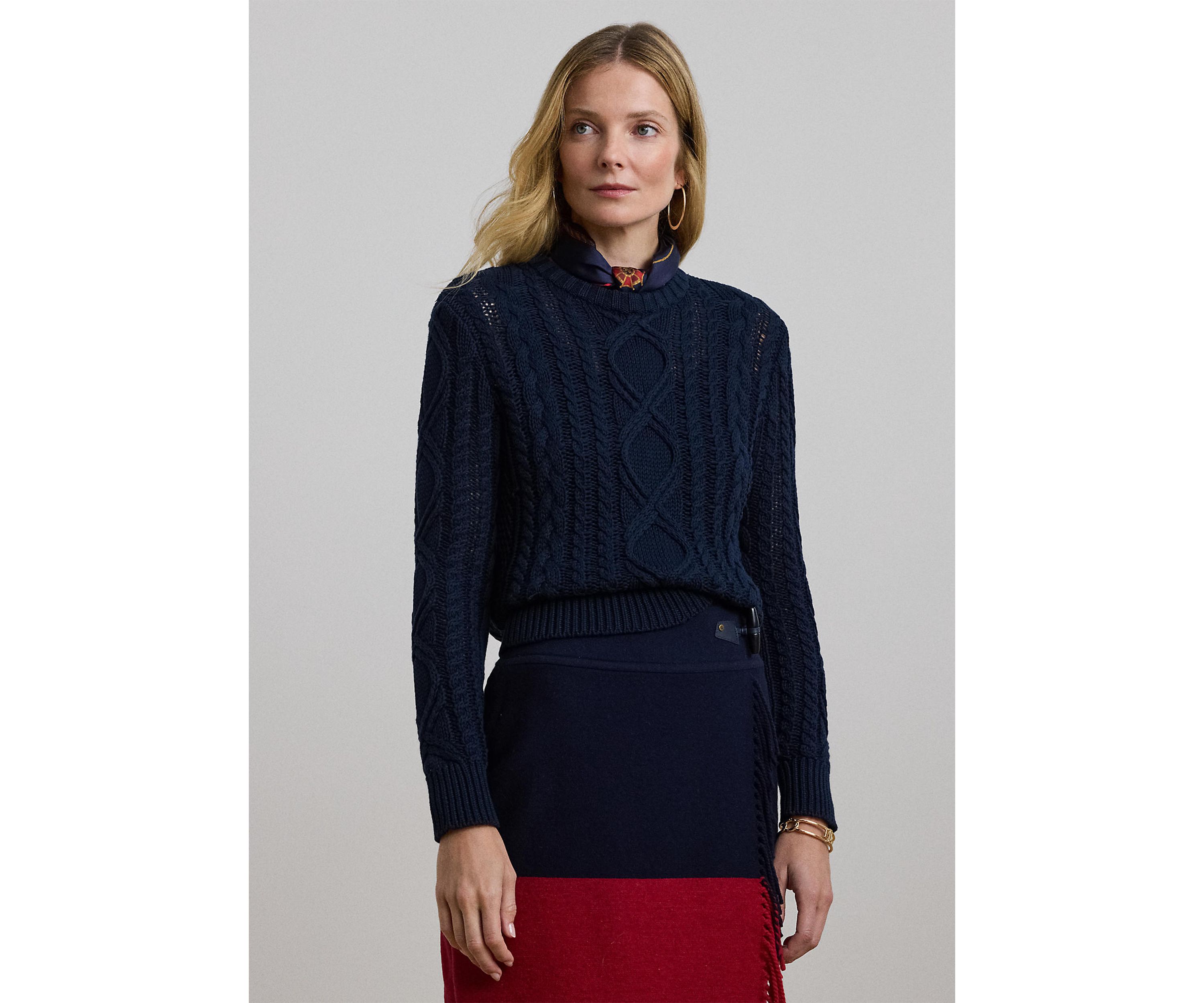 Aran Knit Cotton Blend Crew Neck Sweater