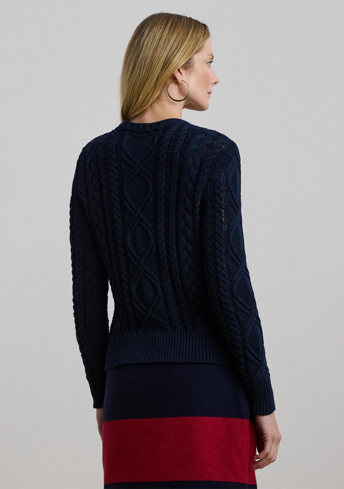 Aran Knit Cotton Blend Crew Neck Sweater