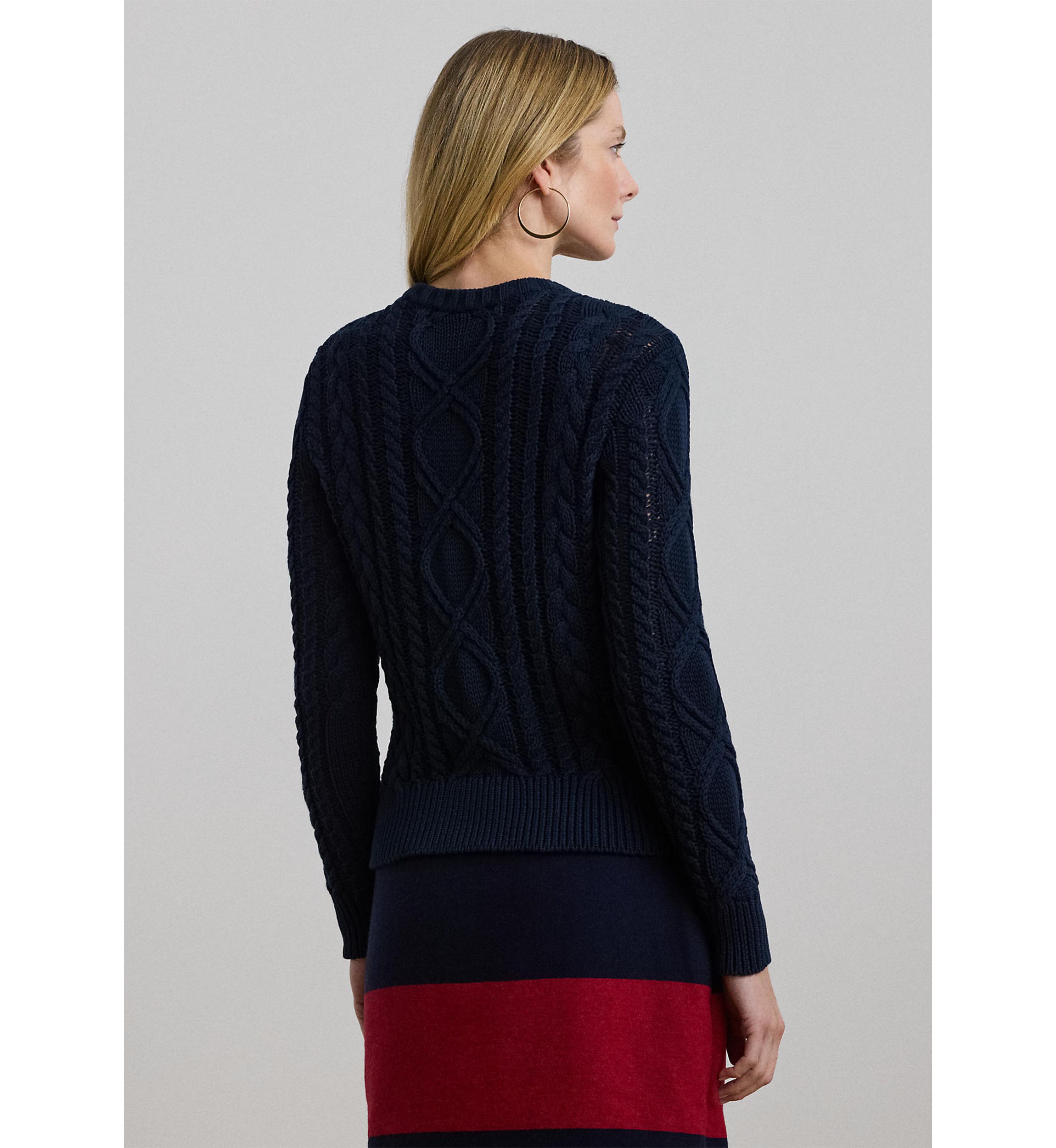 Aran Knit Cotton Blend Crew Neck Sweater