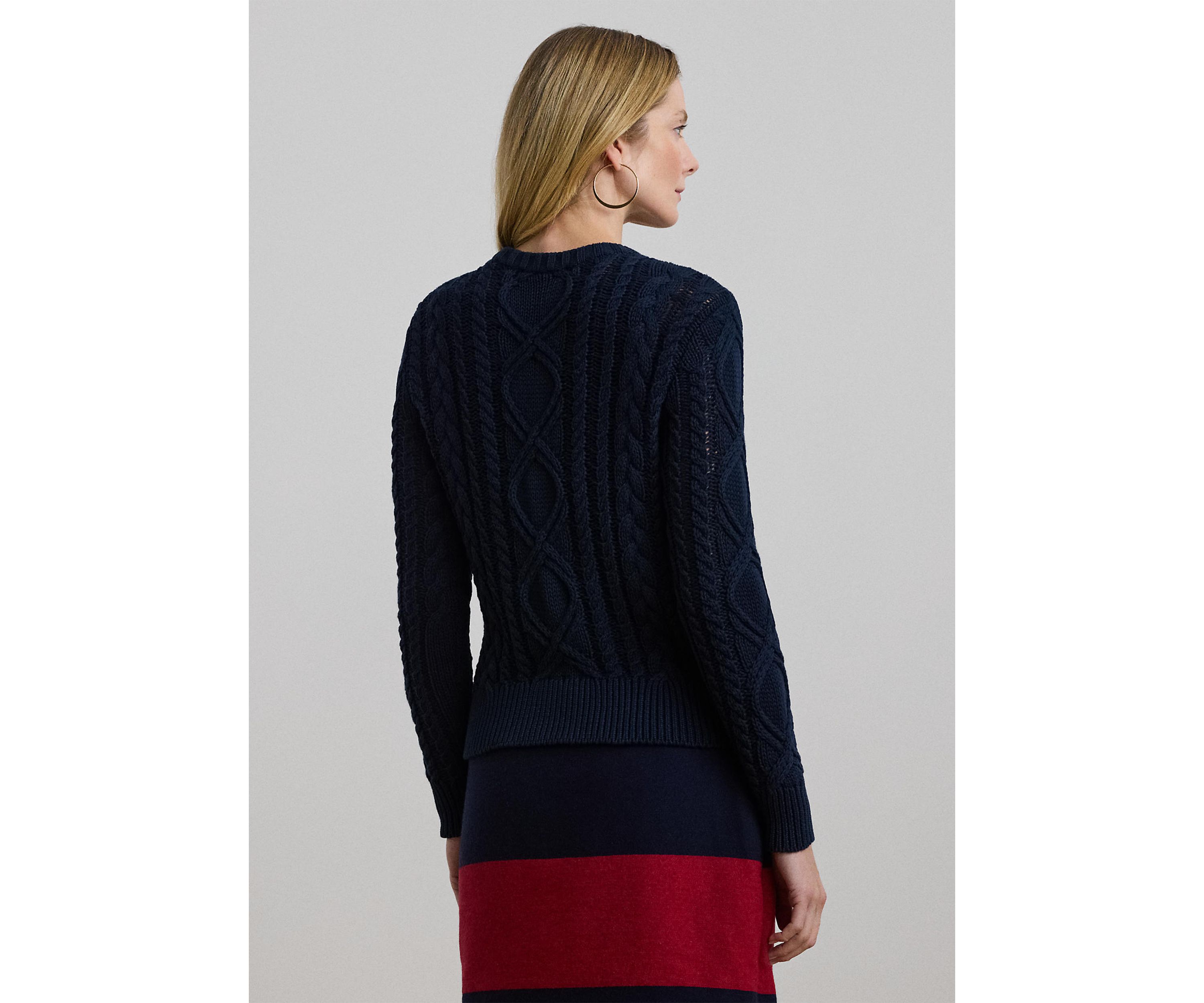 Aran Knit Cotton Blend Crew Neck Sweater