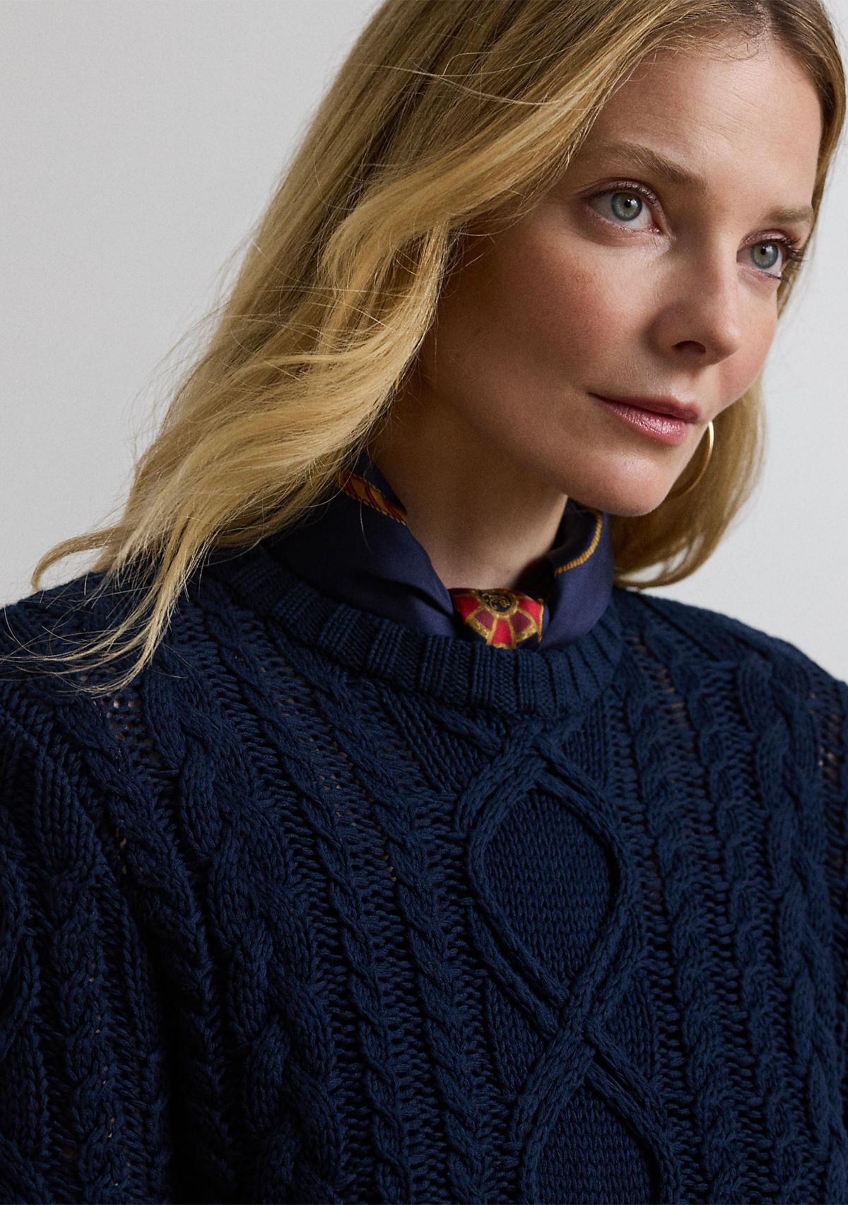 Aran Knit Cotton Blend Crew Neck Sweater