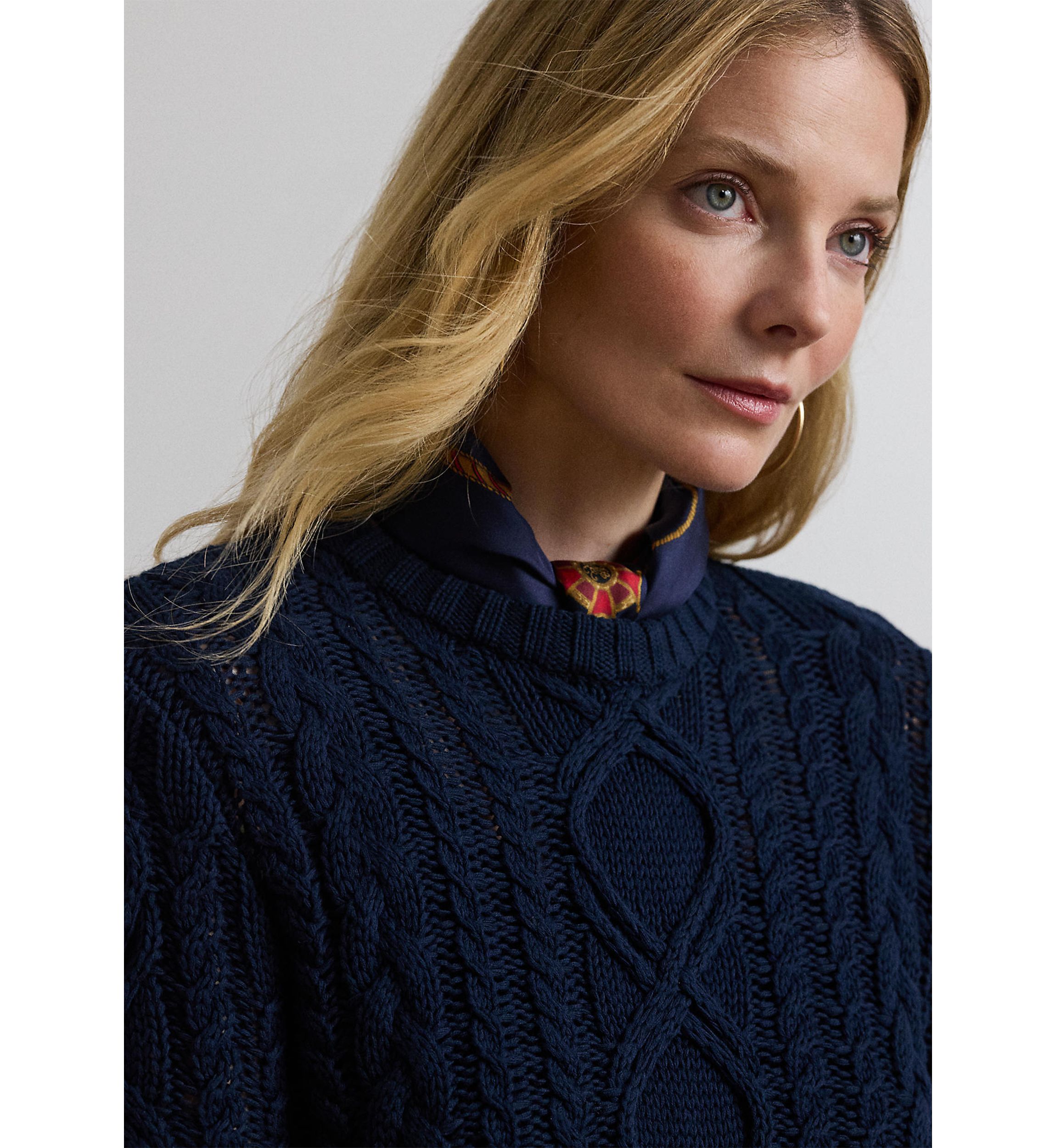 Aran Knit Cotton Blend Crew Neck Sweater