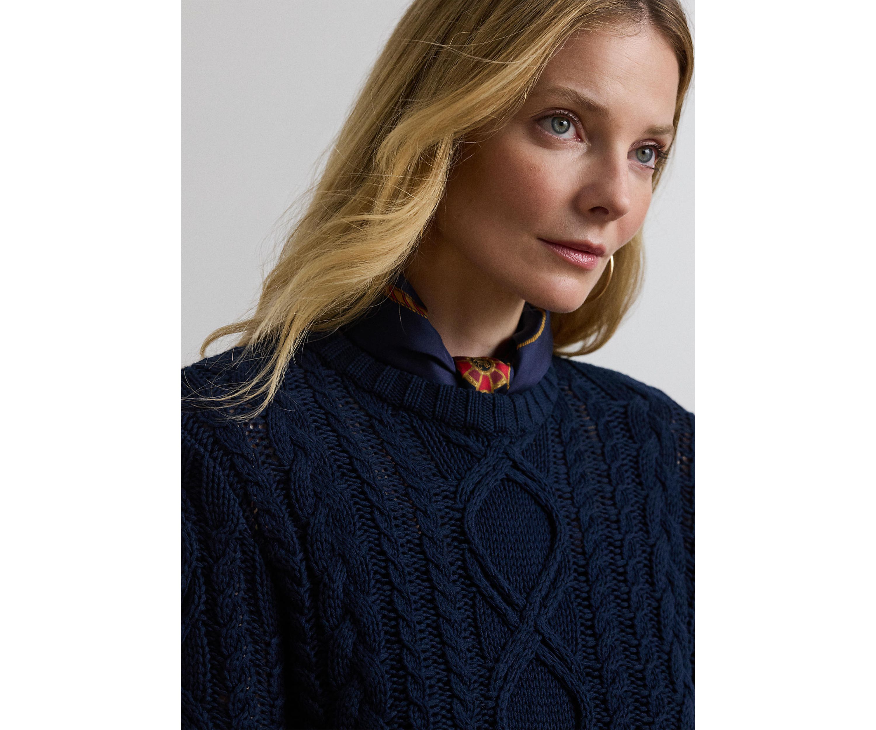Aran Knit Cotton Blend Crew Neck Sweater