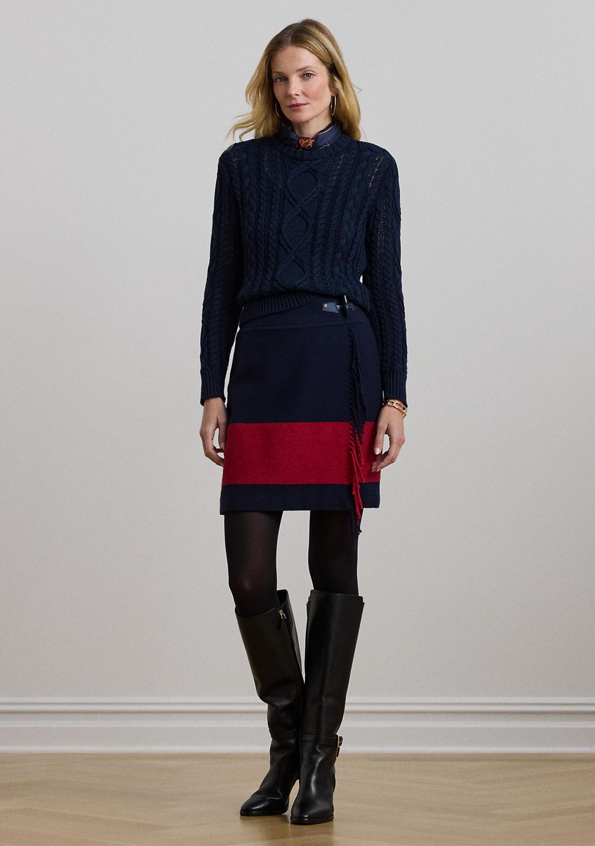 Aran Knit Cotton Blend Crew Neck Sweater