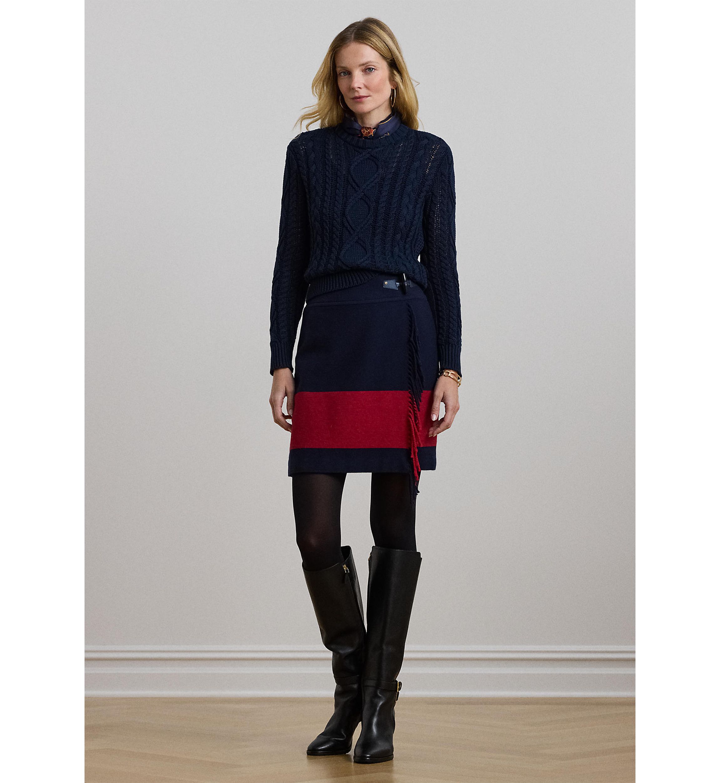 Aran Knit Cotton Blend Crew Neck Sweater