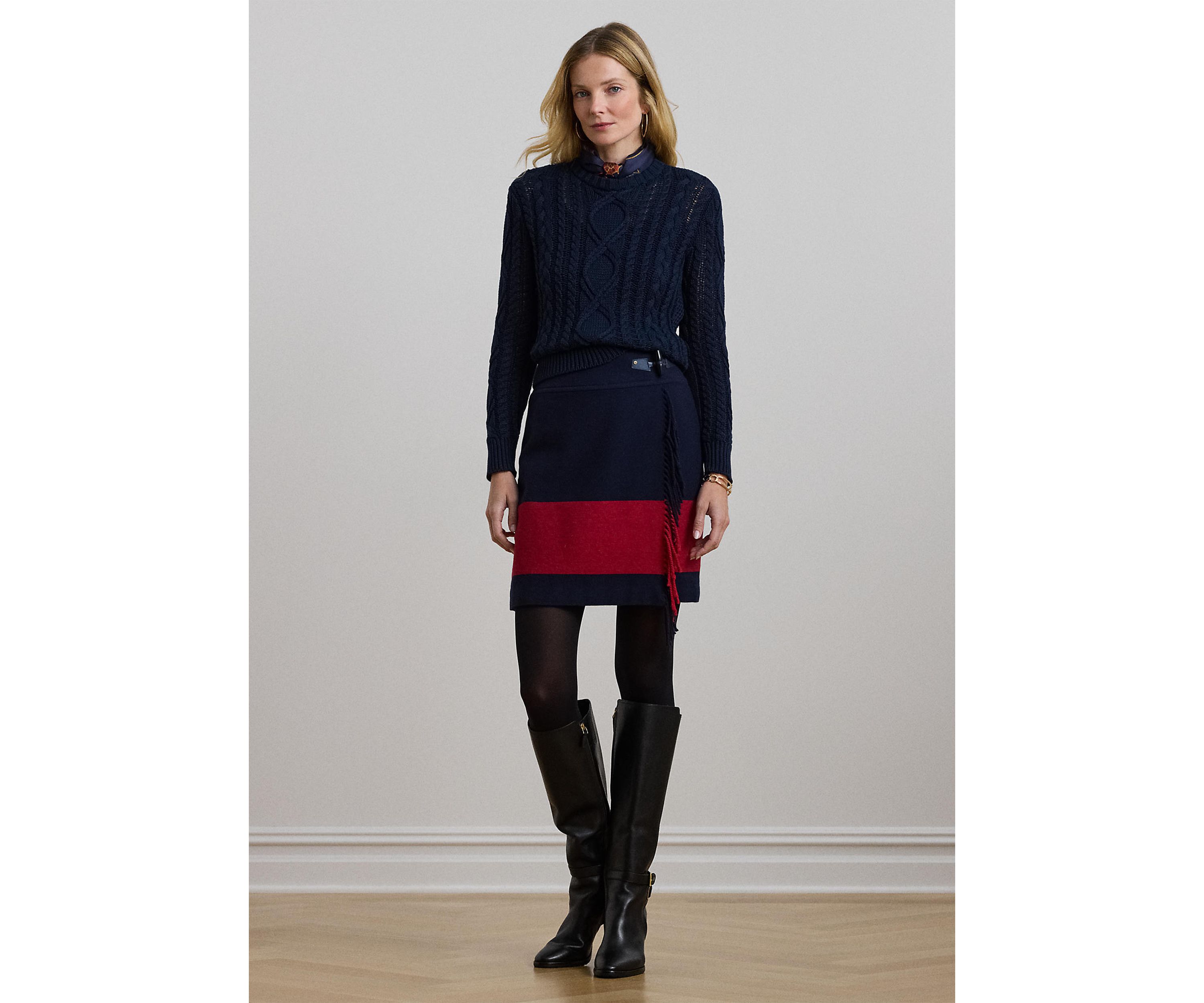 Aran Knit Cotton Blend Crew Neck Sweater