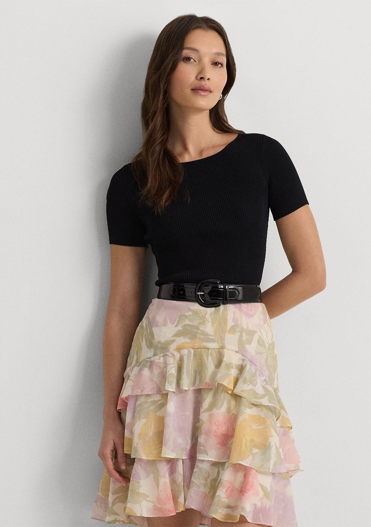 Womens Rib-Knit Cropped Short-Sleeve Sweater