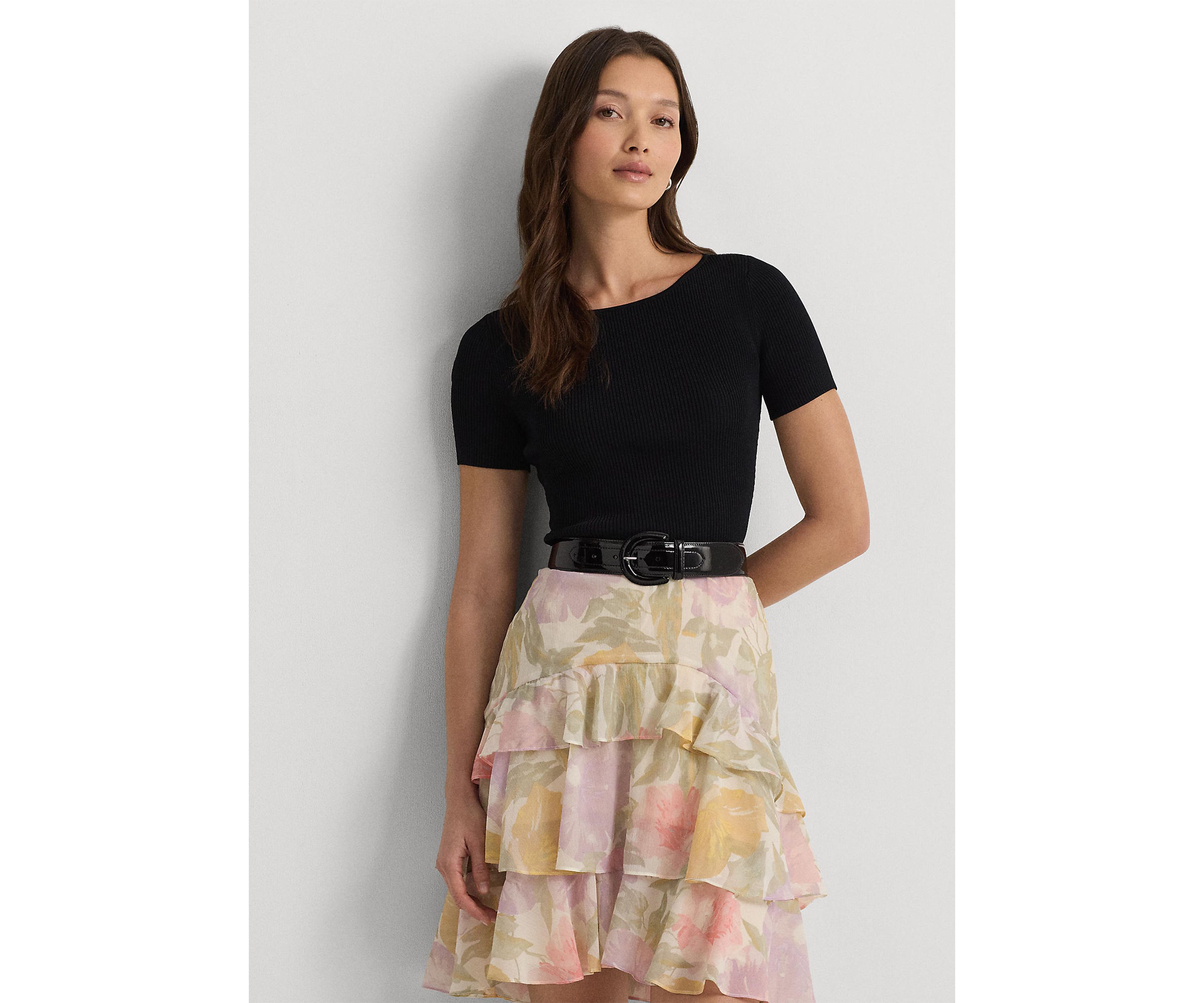 Womens Rib-Knit Cropped Short-Sleeve Sweater