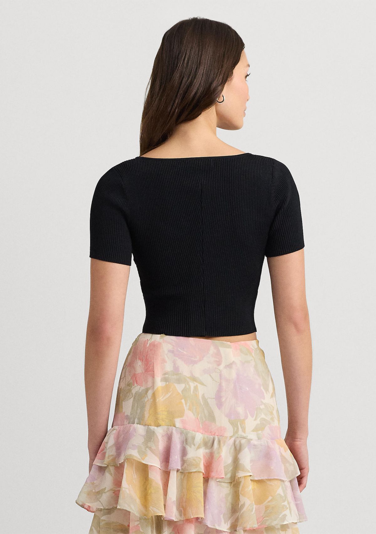 Womens Rib-Knit Cropped Short-Sleeve Sweater