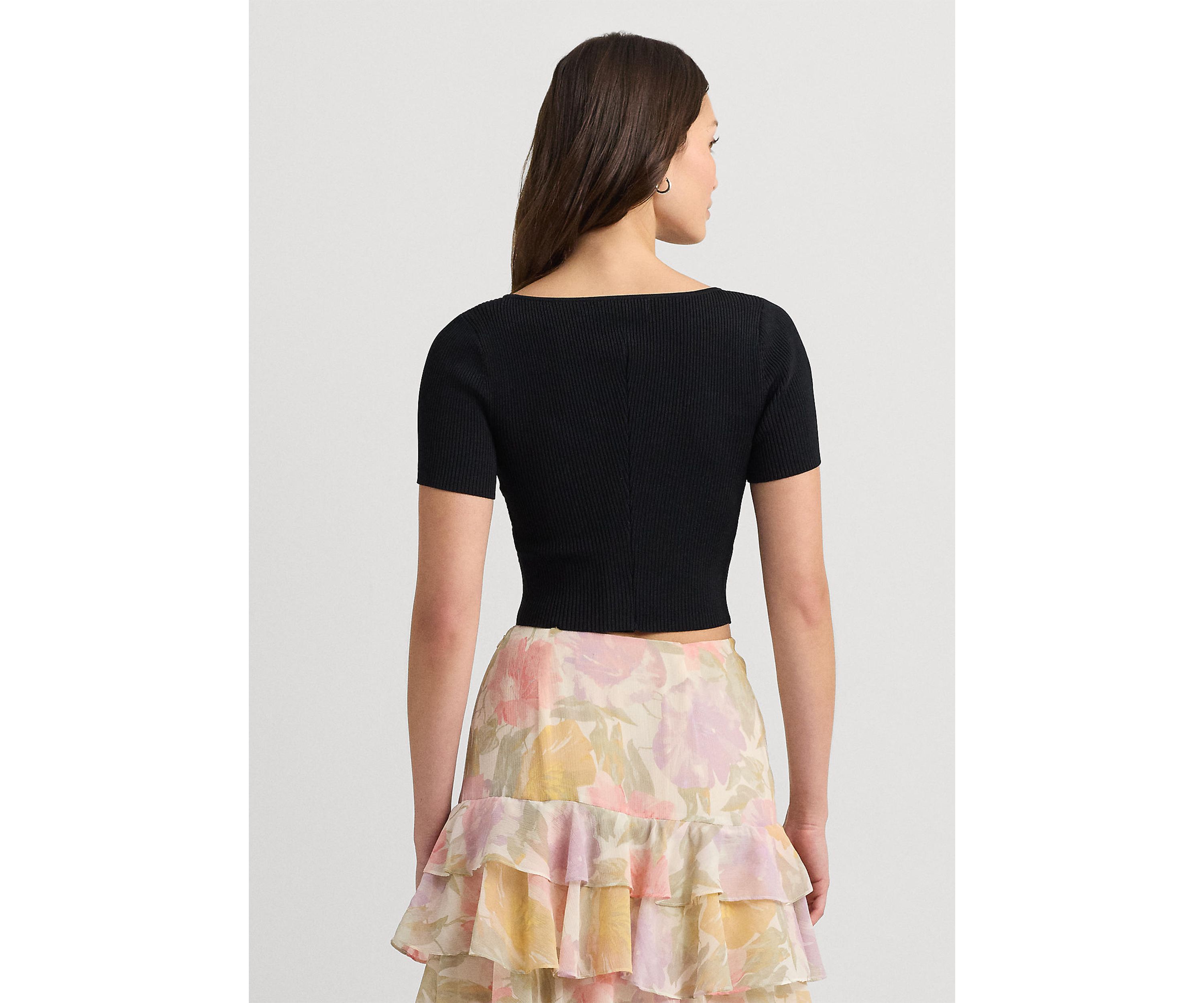Womens Rib-Knit Cropped Short-Sleeve Sweater