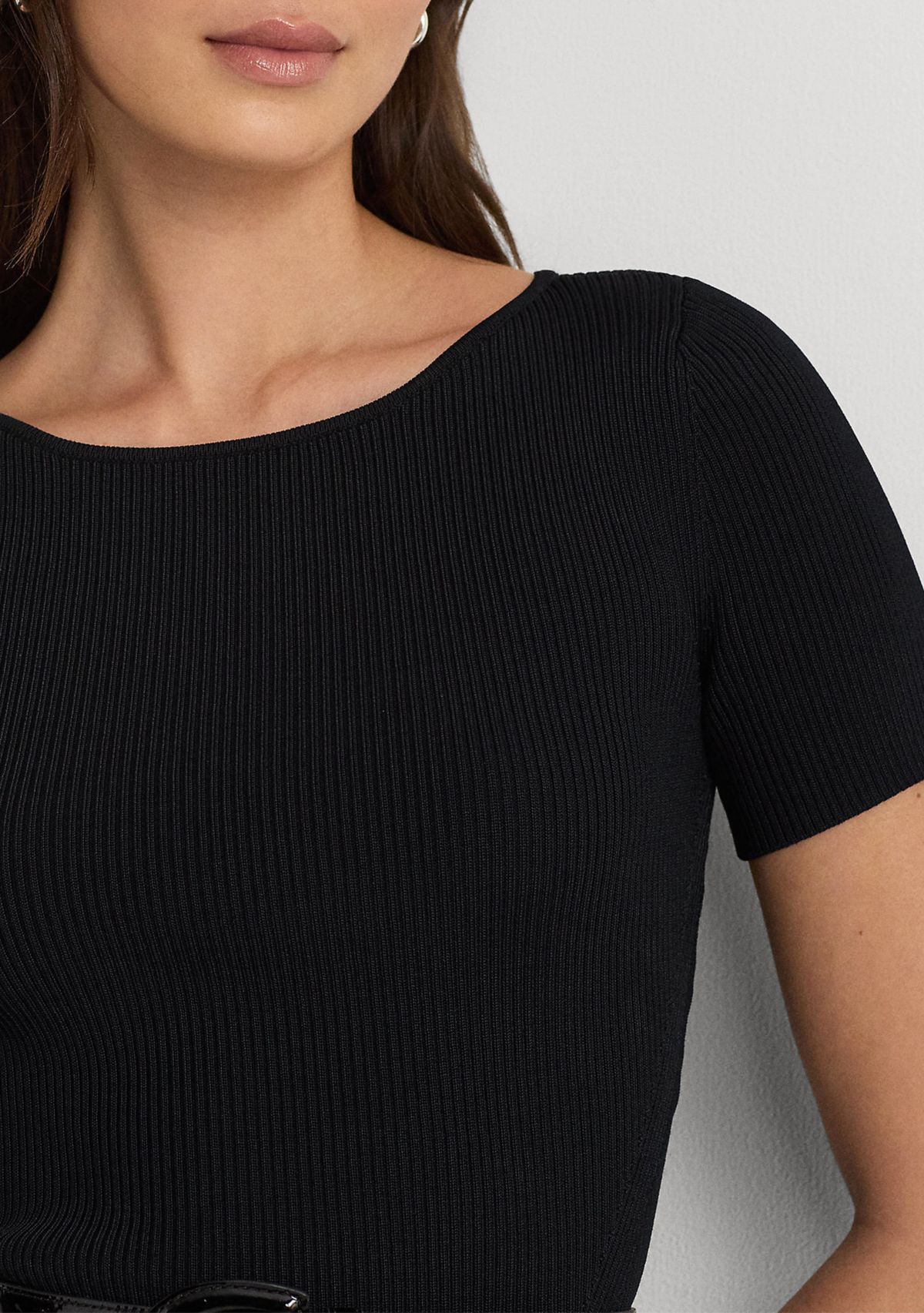 Womens Rib-Knit Cropped Short-Sleeve Sweater