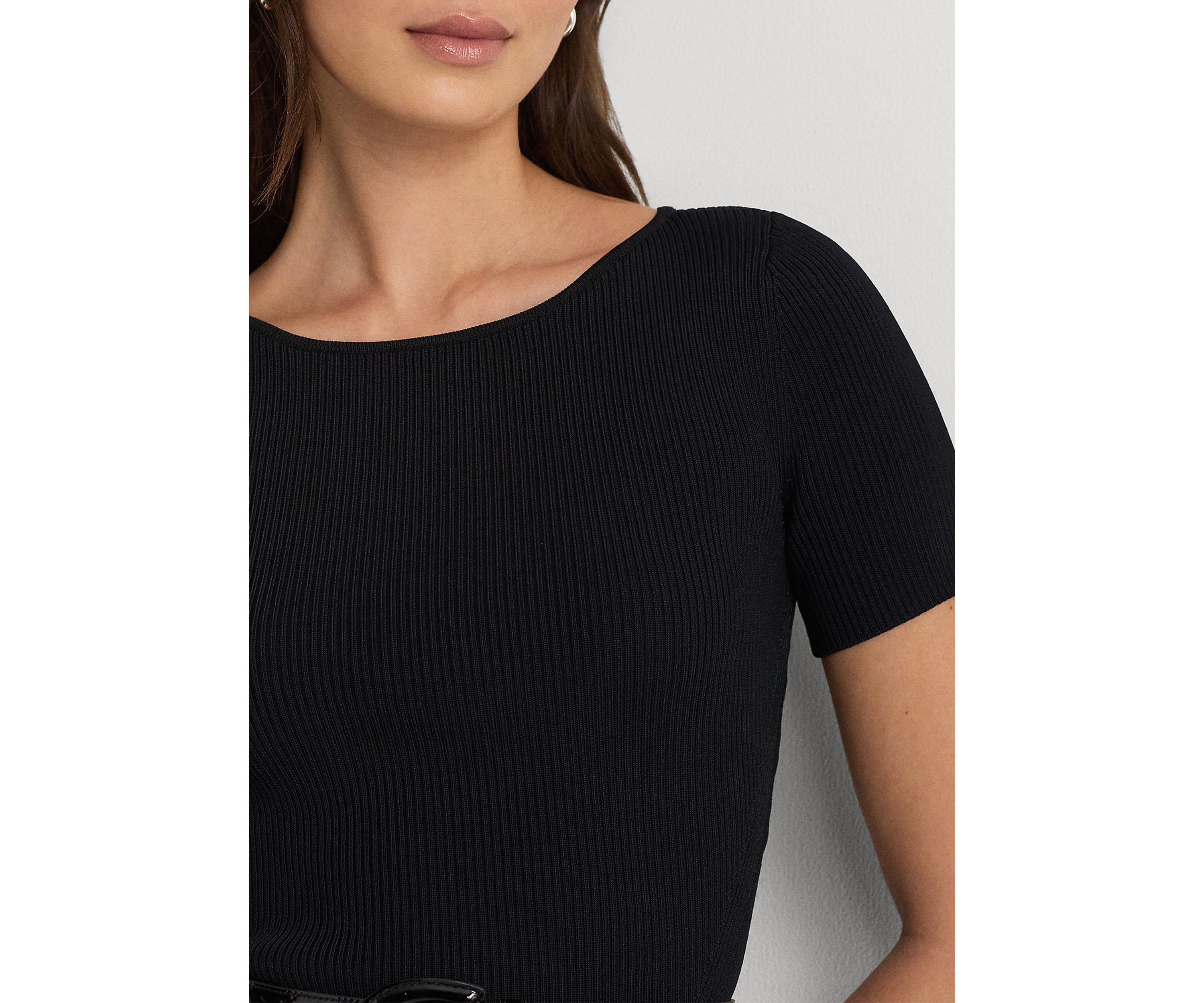 Womens Rib-Knit Cropped Short-Sleeve Sweater