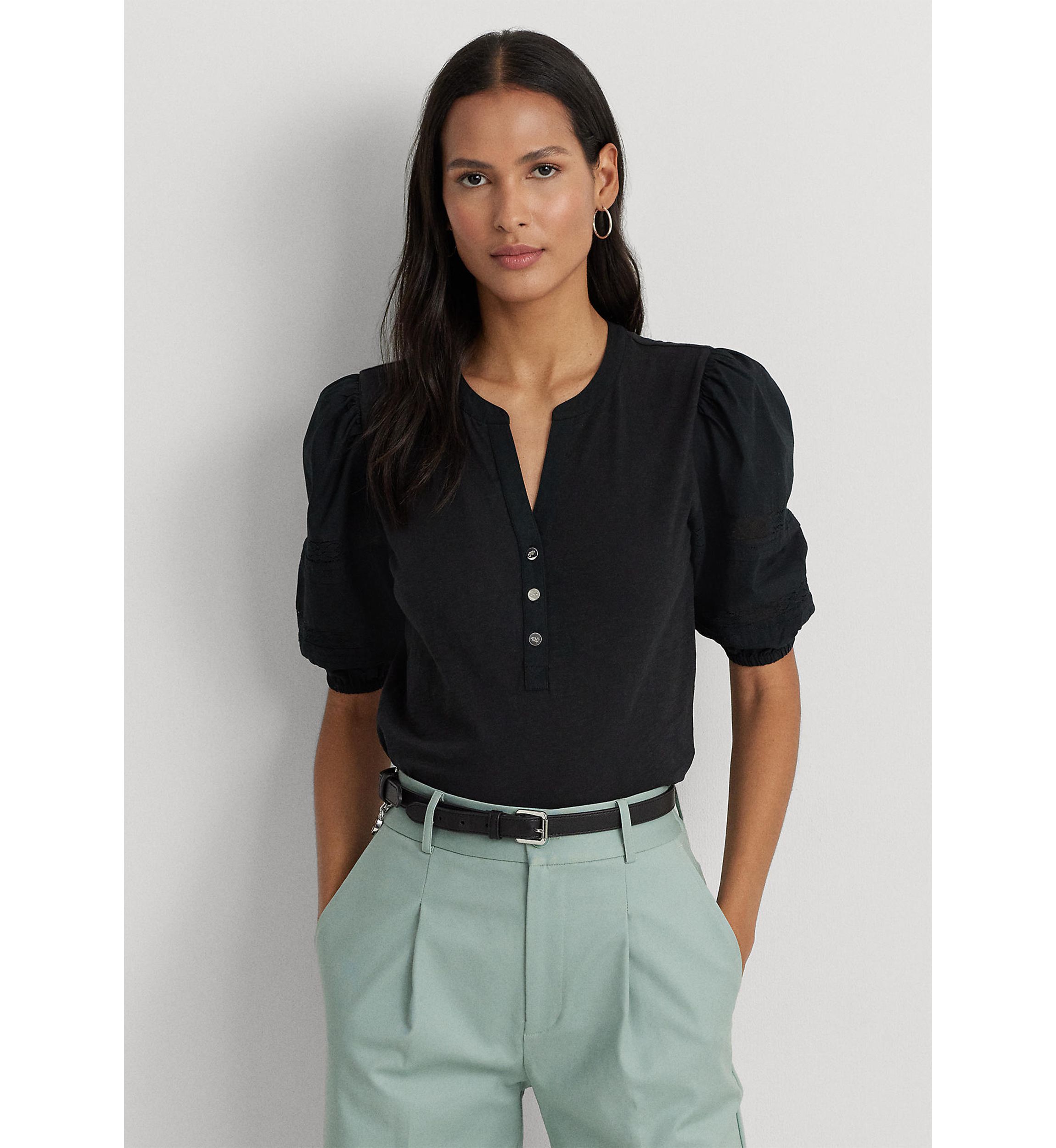 Womens Lace-Trim Jersey Puff-Sleeve Henley T-Shirt