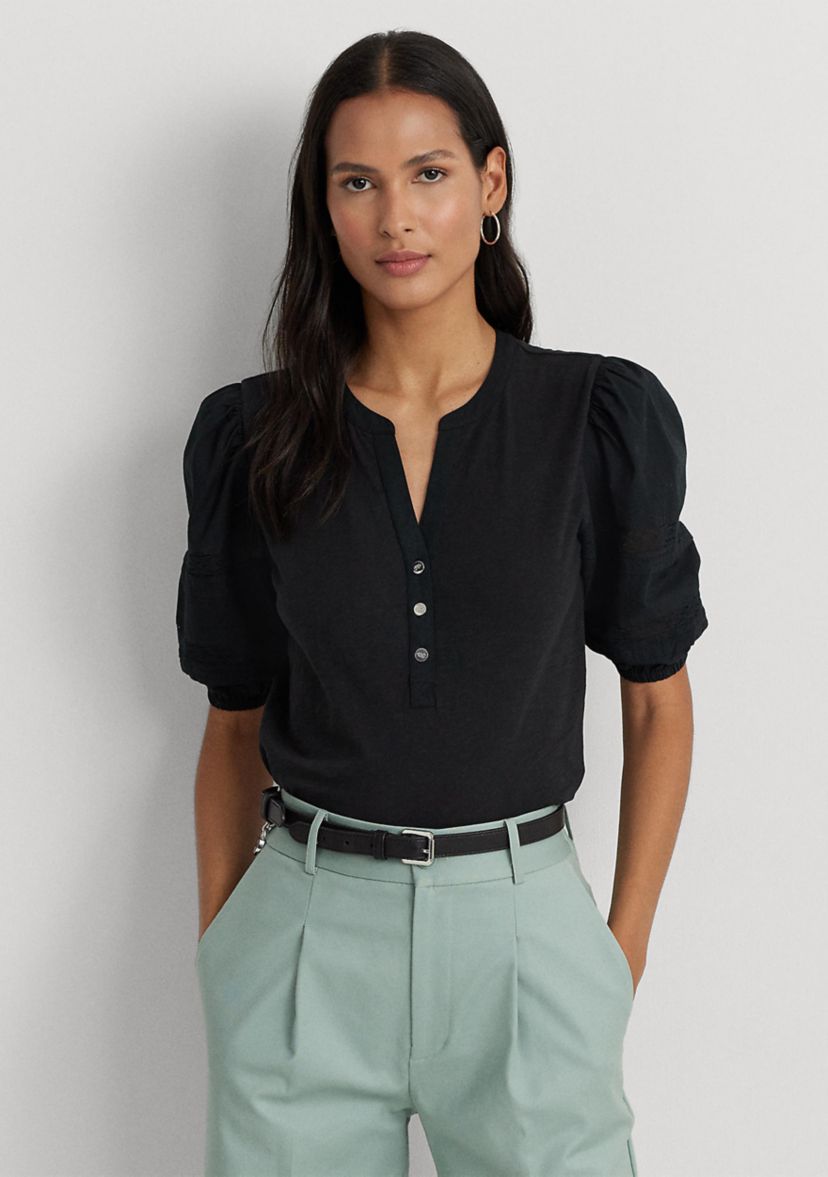 Womens Lace-Trim Jersey Puff-Sleeve Henley T-Shirt