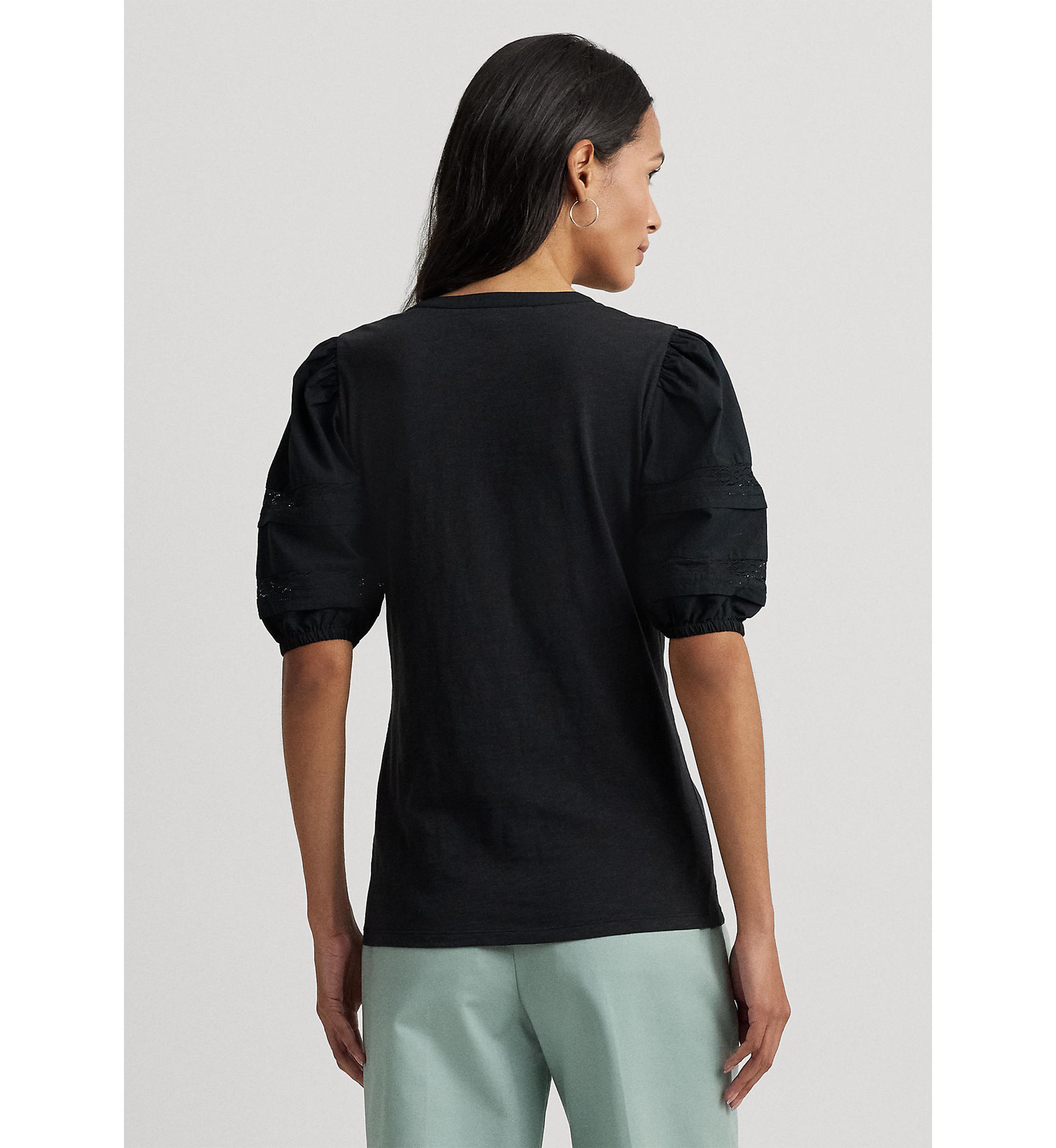 Womens Lace-Trim Jersey Puff-Sleeve Henley T-Shirt