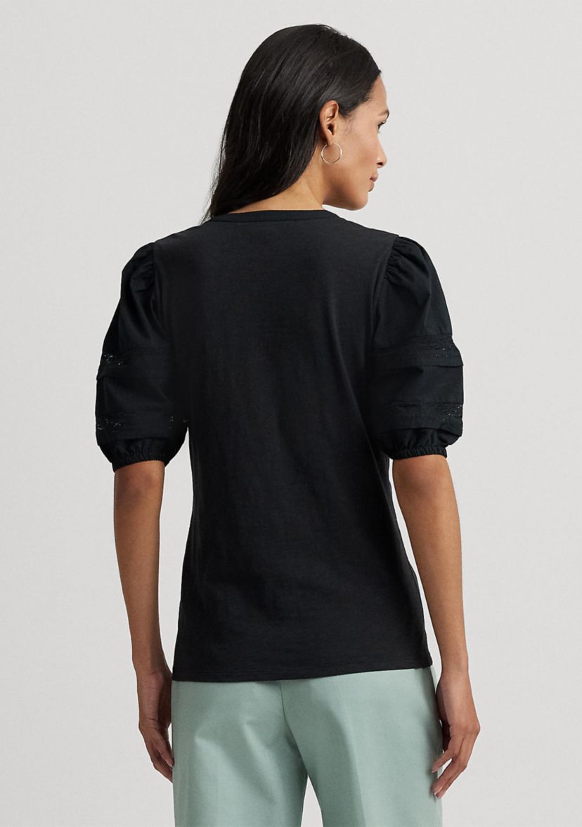 Womens Lace-Trim Jersey Puff-Sleeve Henley T-Shirt