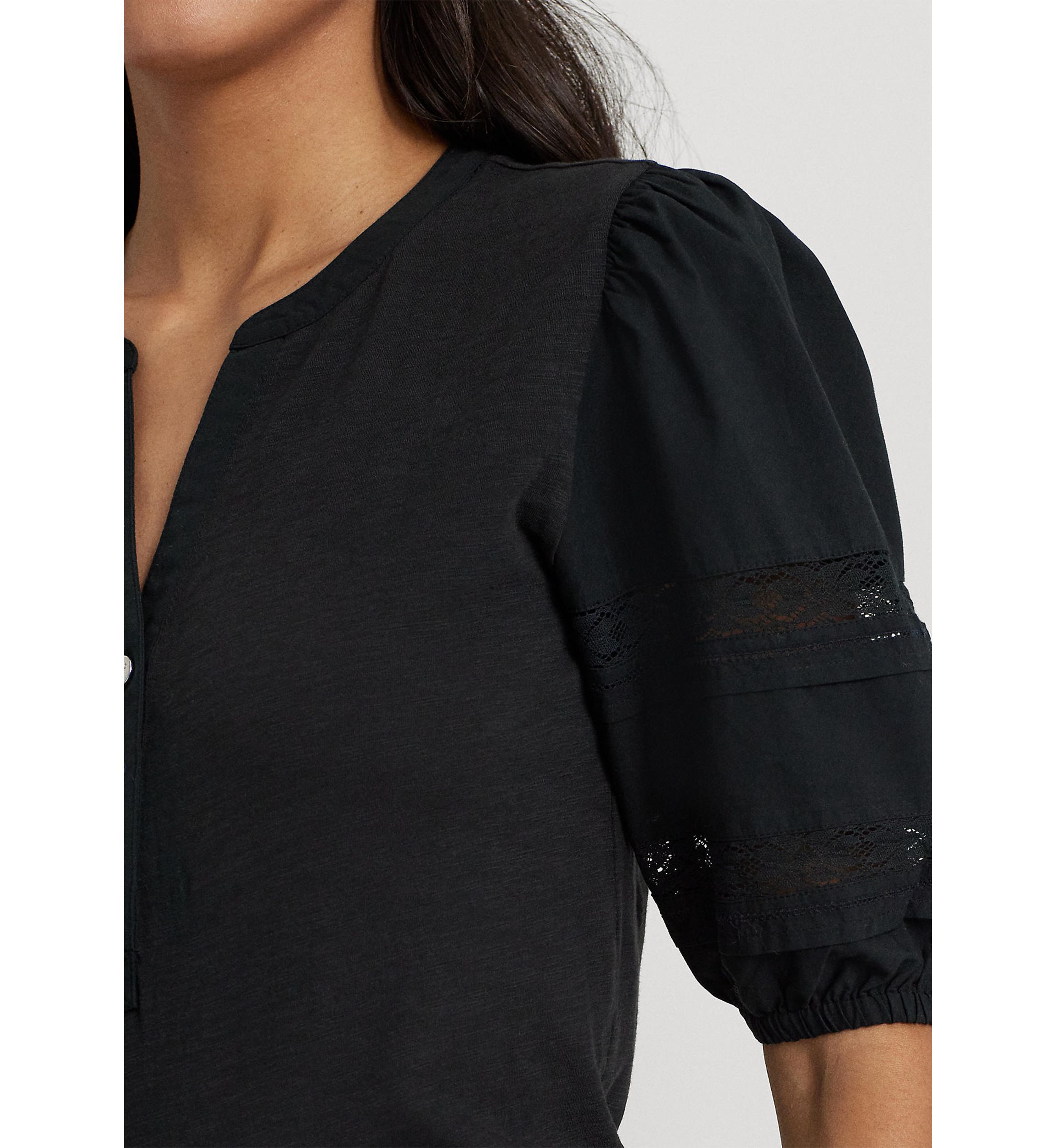 Womens Lace-Trim Jersey Puff-Sleeve Henley T-Shirt