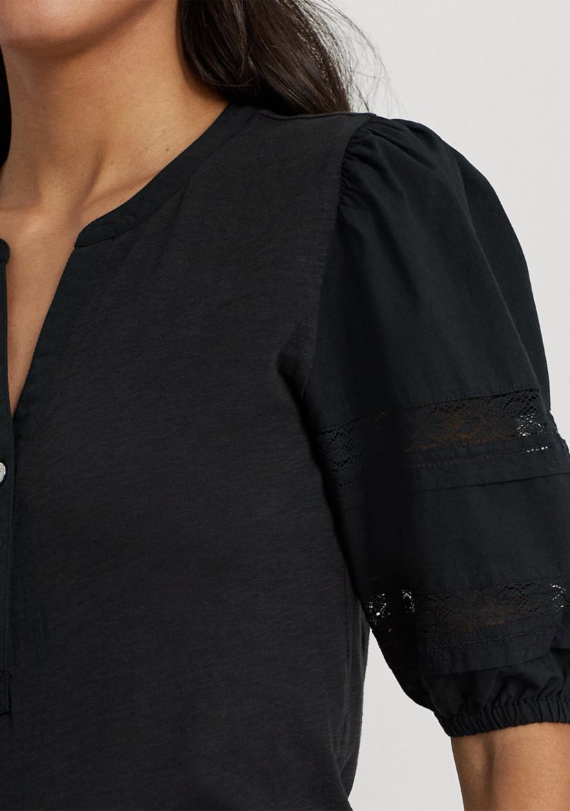 Womens Lace-Trim Jersey Puff-Sleeve Henley T-Shirt