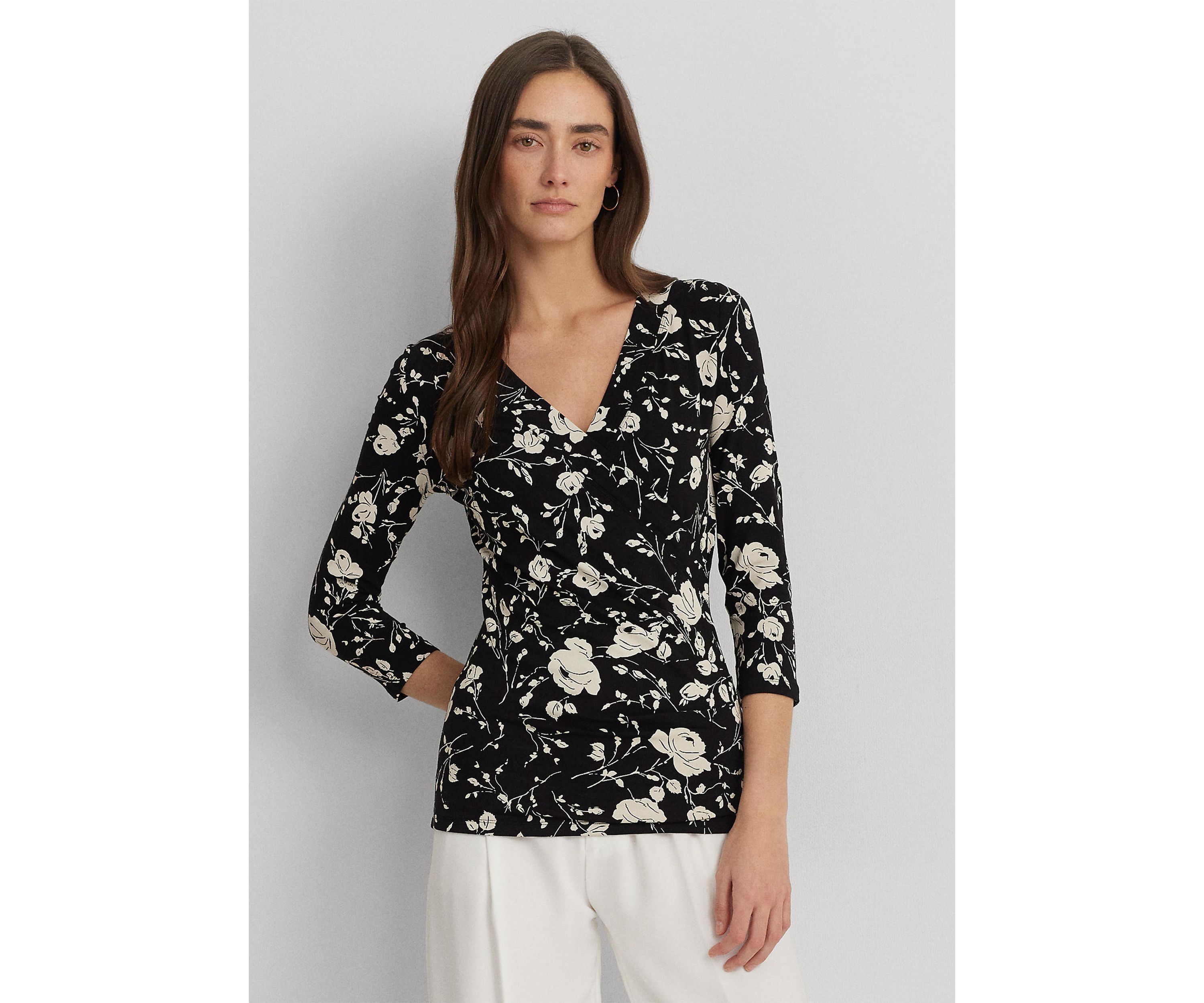 Womens Floral Surplice Stretch Jersey Top