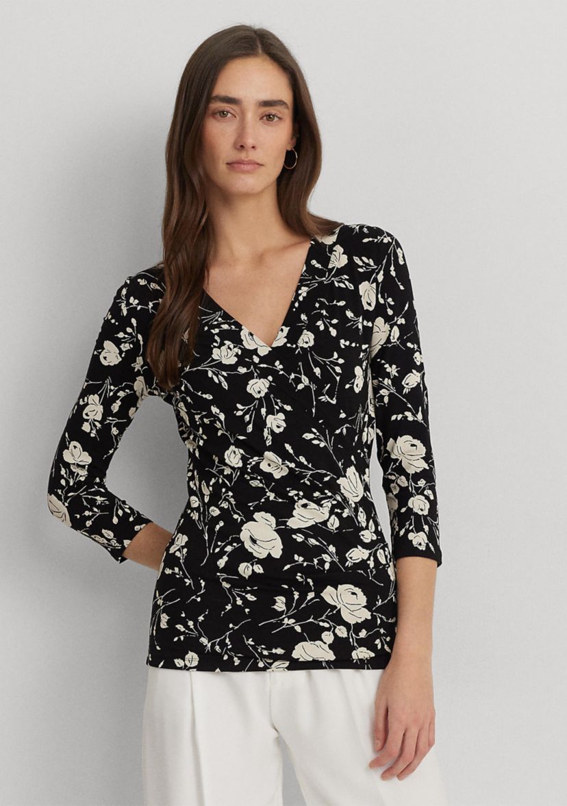 Womens Floral Surplice Stretch Jersey Top