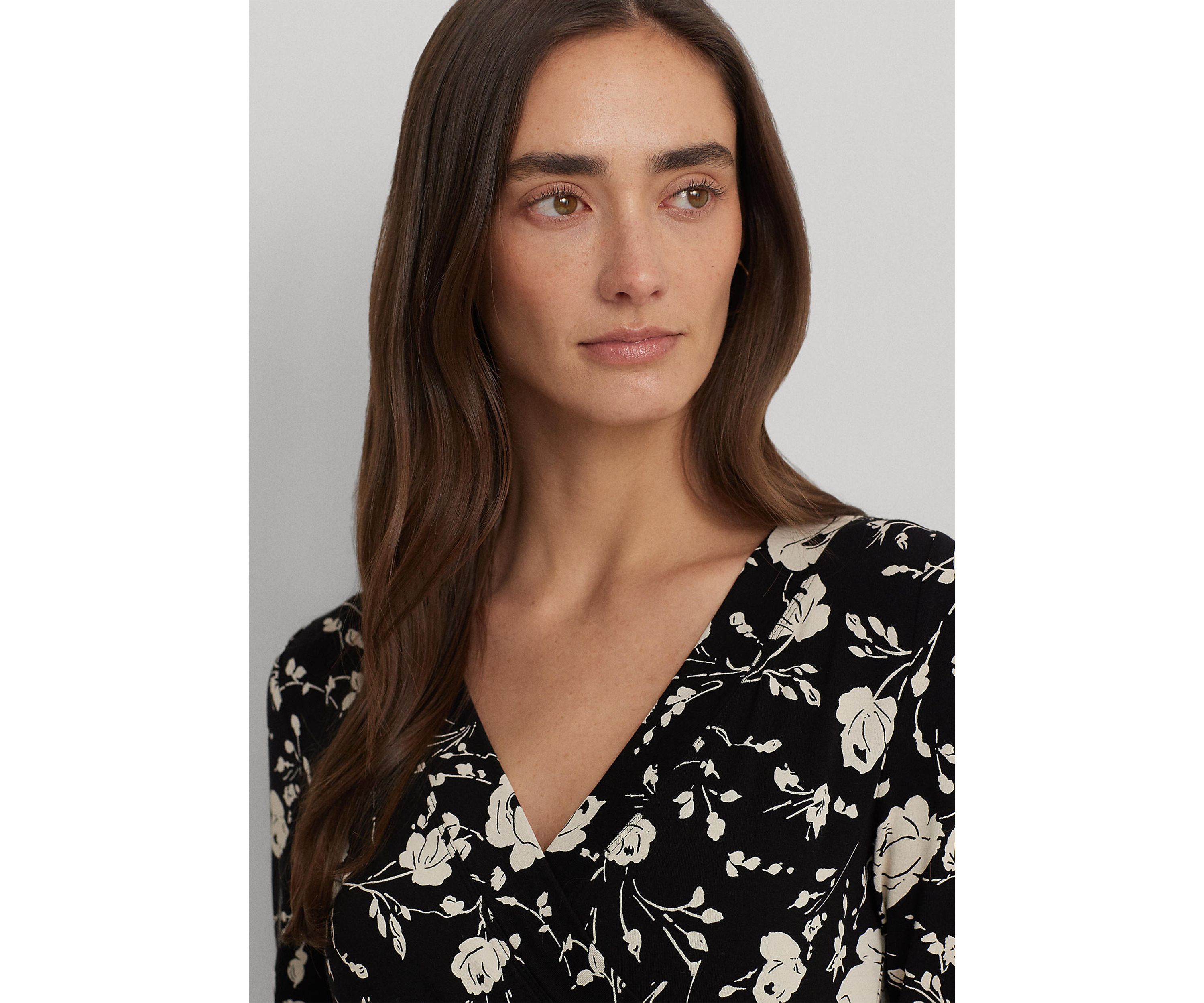 Womens Floral Surplice Stretch Jersey Top