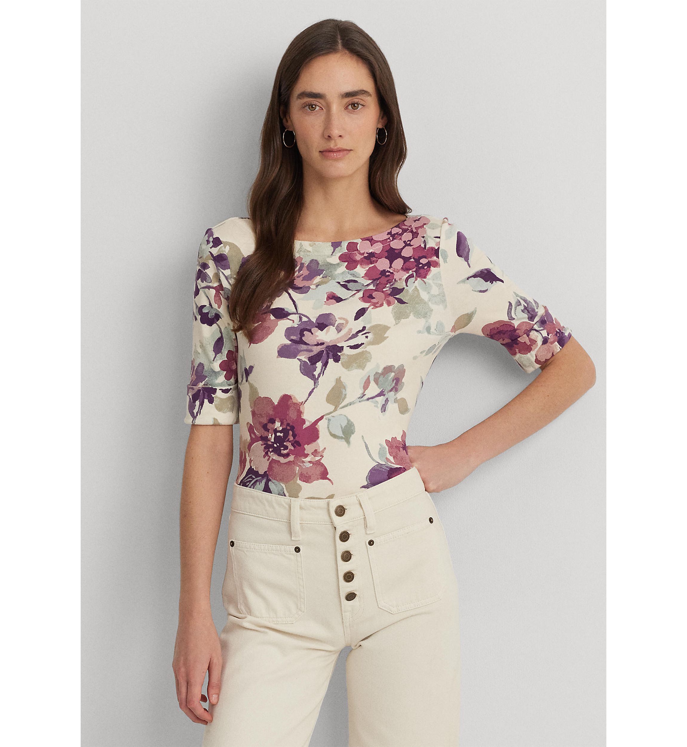 Womens Floral Stretch Cotton Boat Neck T-Shirt